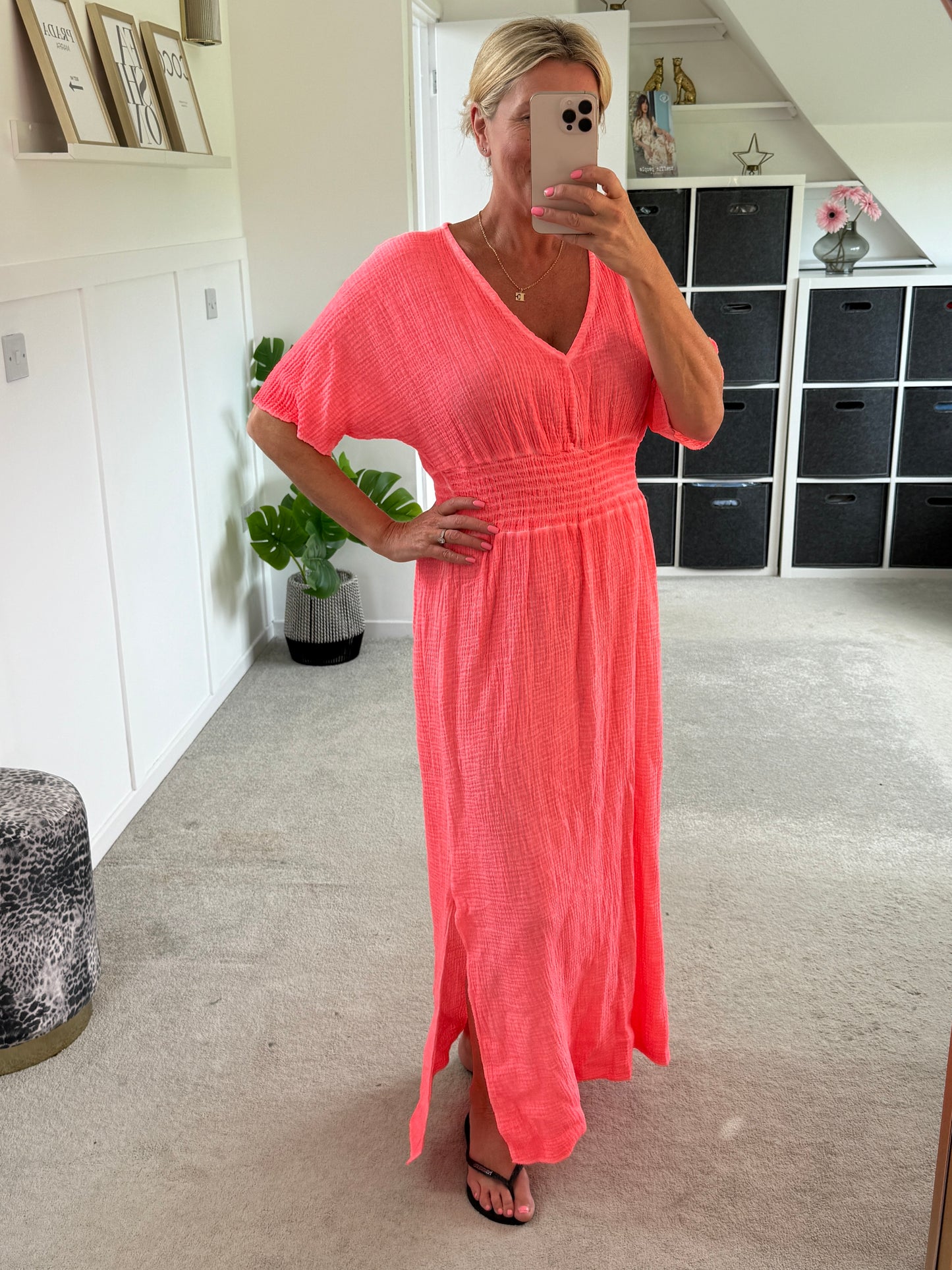 Neon Orange Cheesecloth V Neck Maxi Dress