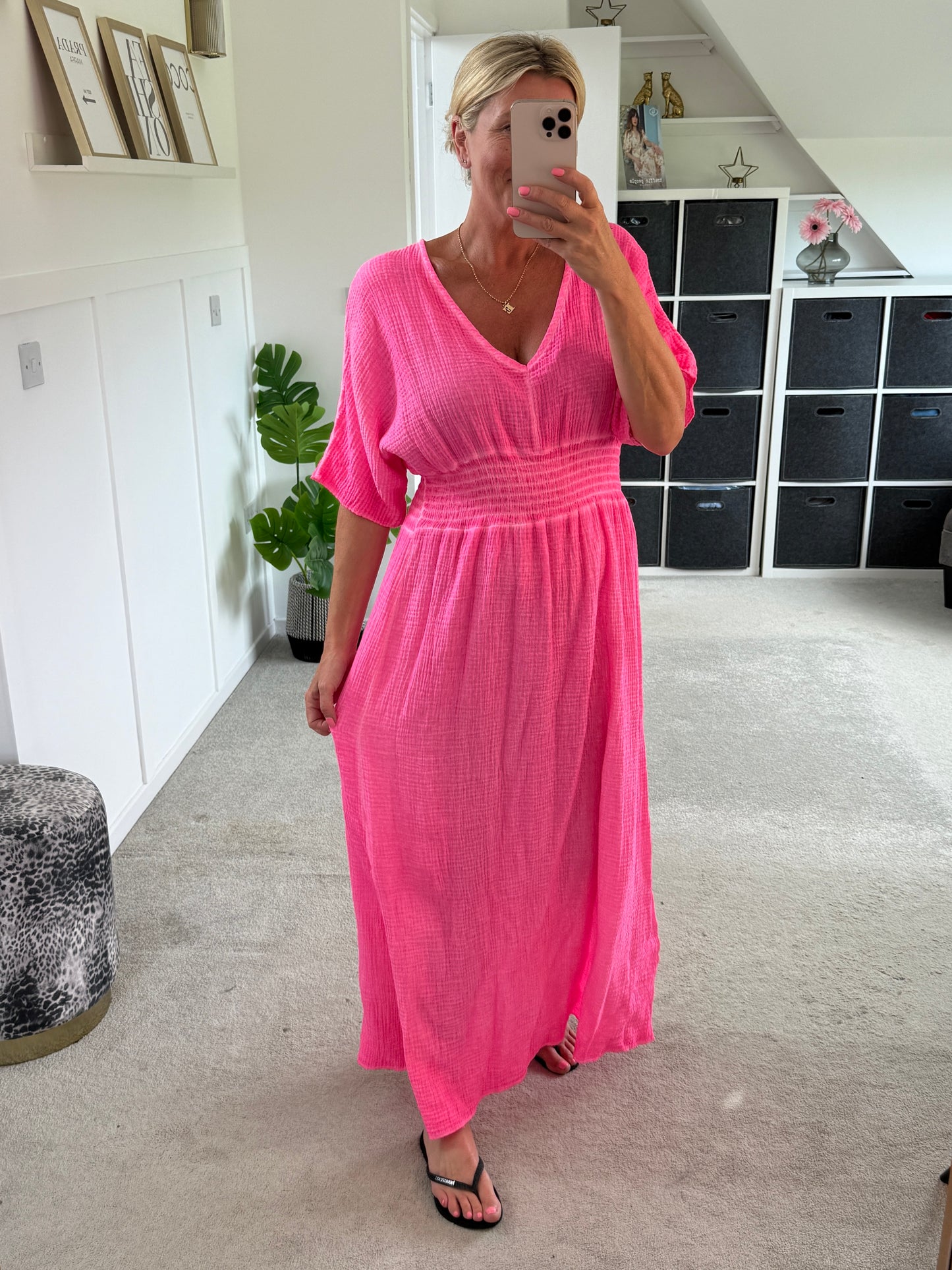 Neon Pink Cheesecloth V Neck Maxi Dress