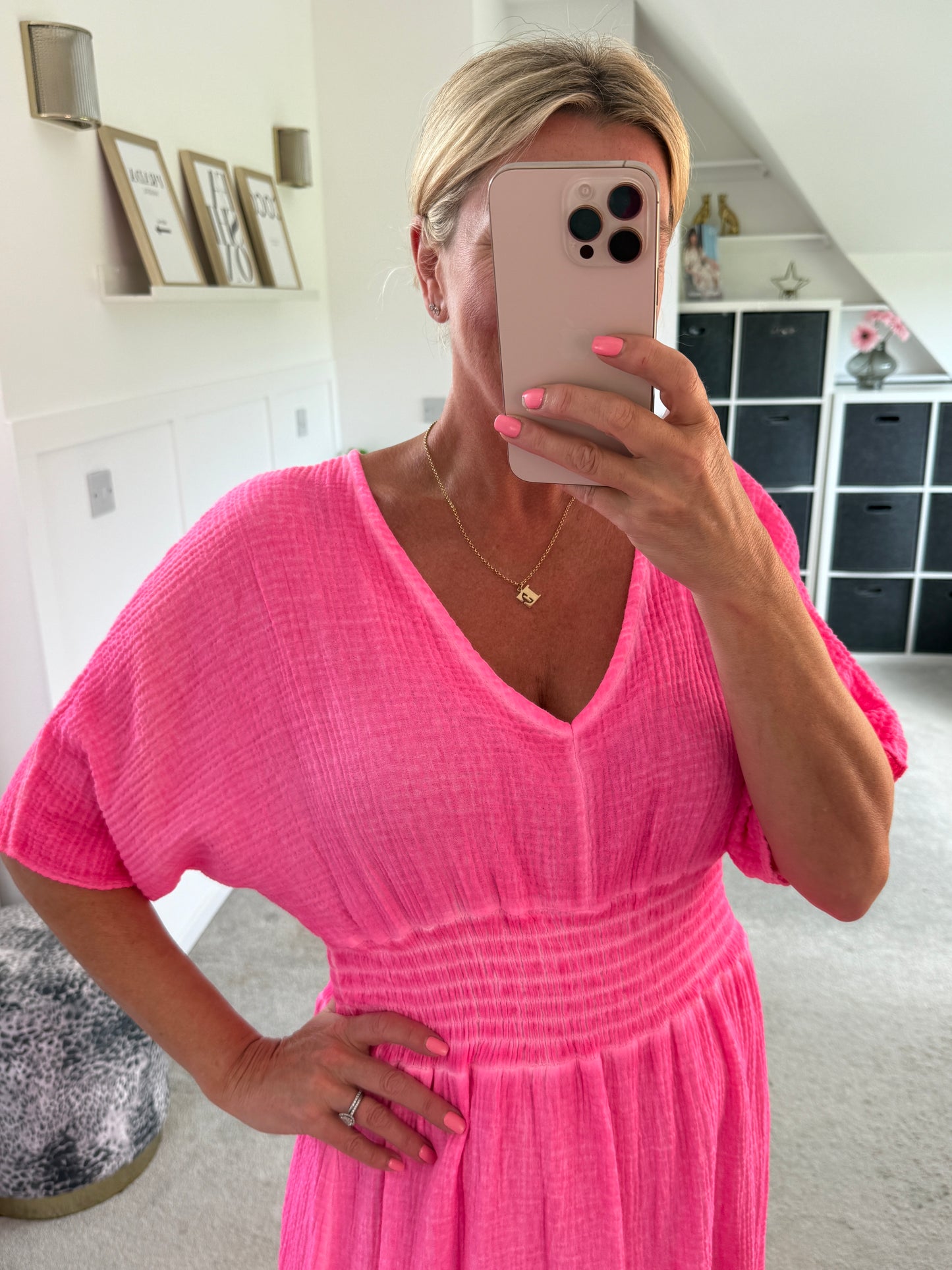 Neon Pink Cheesecloth V Neck Maxi Dress