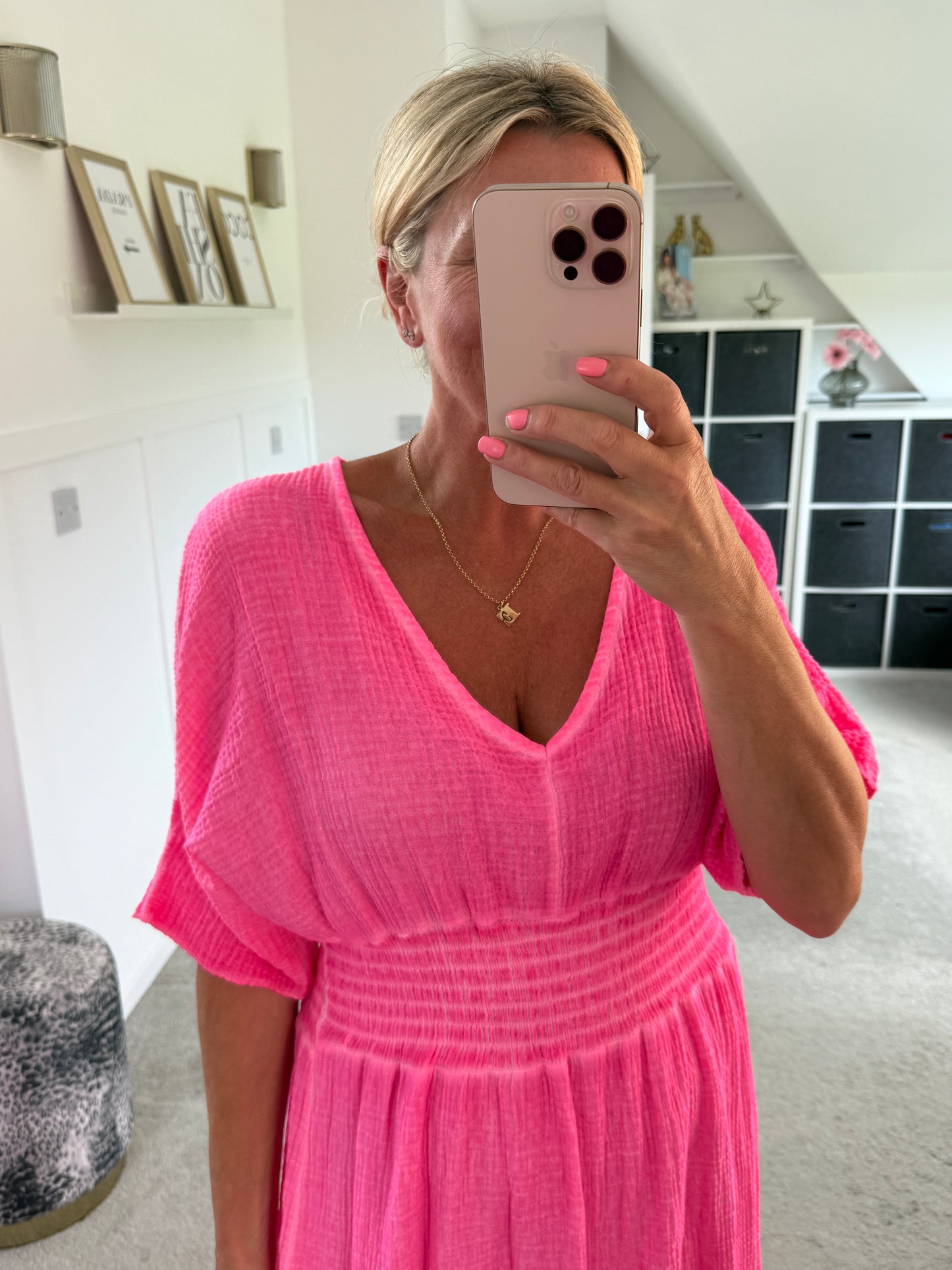 Neon Pink Cheesecloth V Neck Maxi Dress