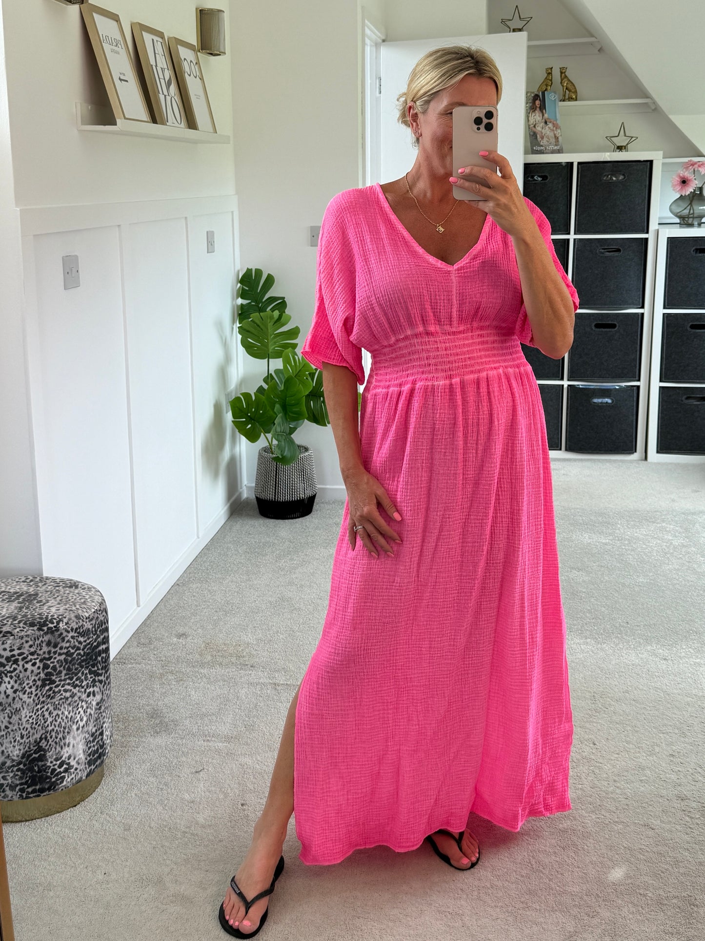 Neon Pink Cheesecloth V Neck Maxi Dress