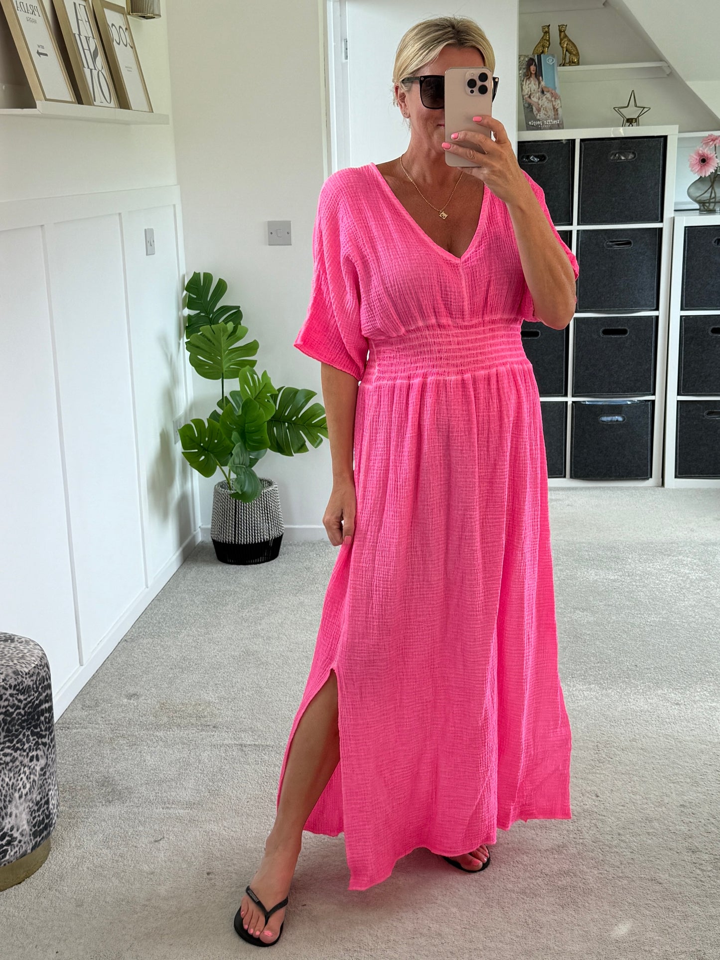 Neon Orange Cheesecloth V Neck Maxi Dress
