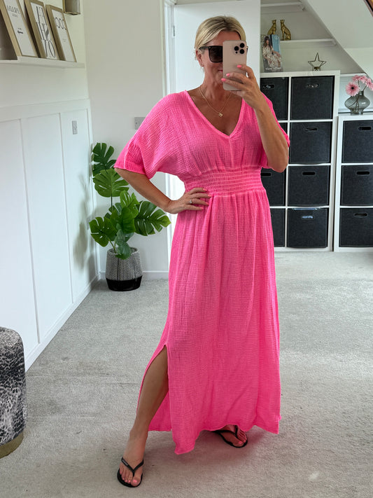 Neon Pink Cheesecloth V Neck Maxi Dress