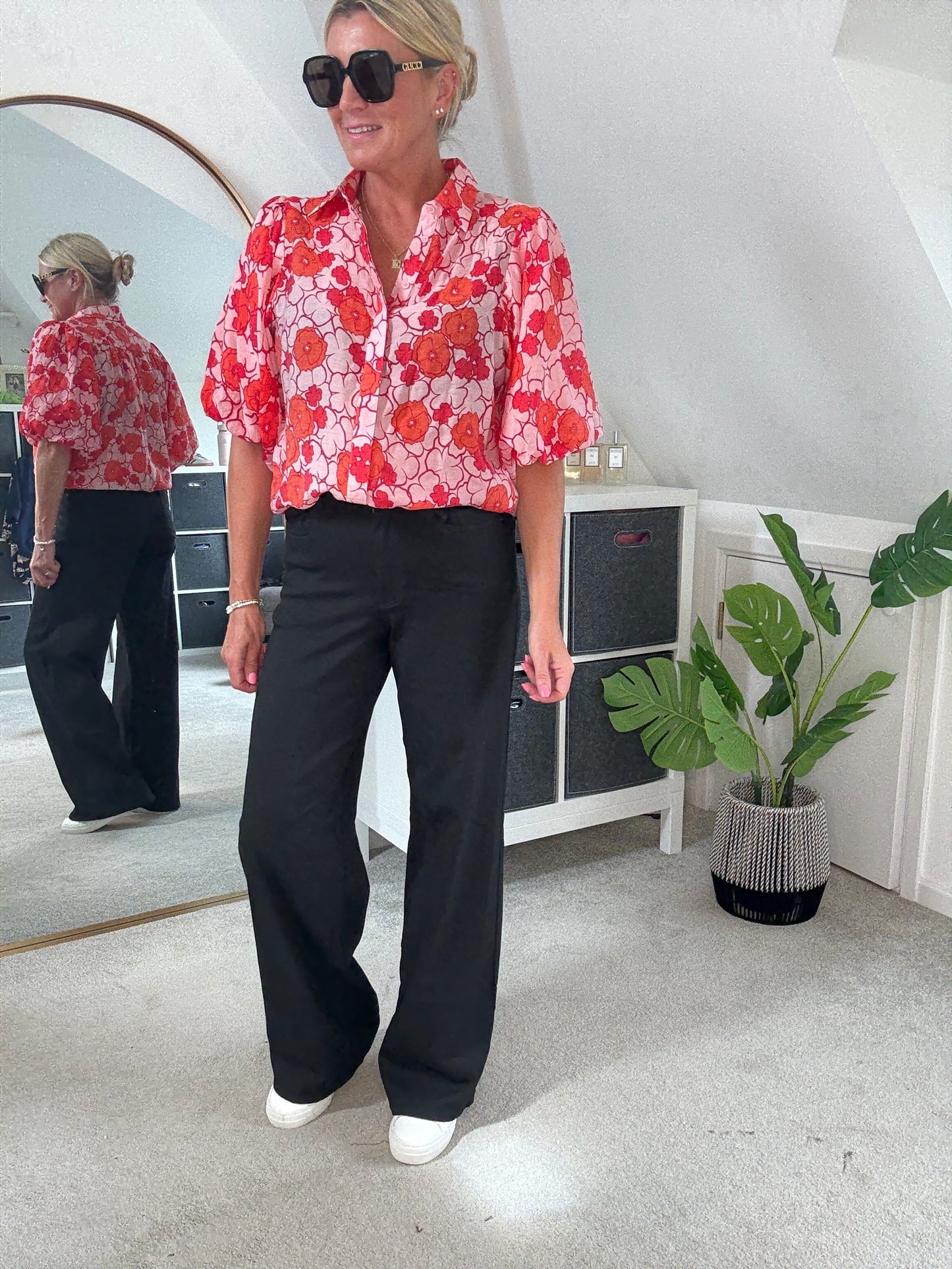 Poppy Red/Pink Floral Appliqué Blouse