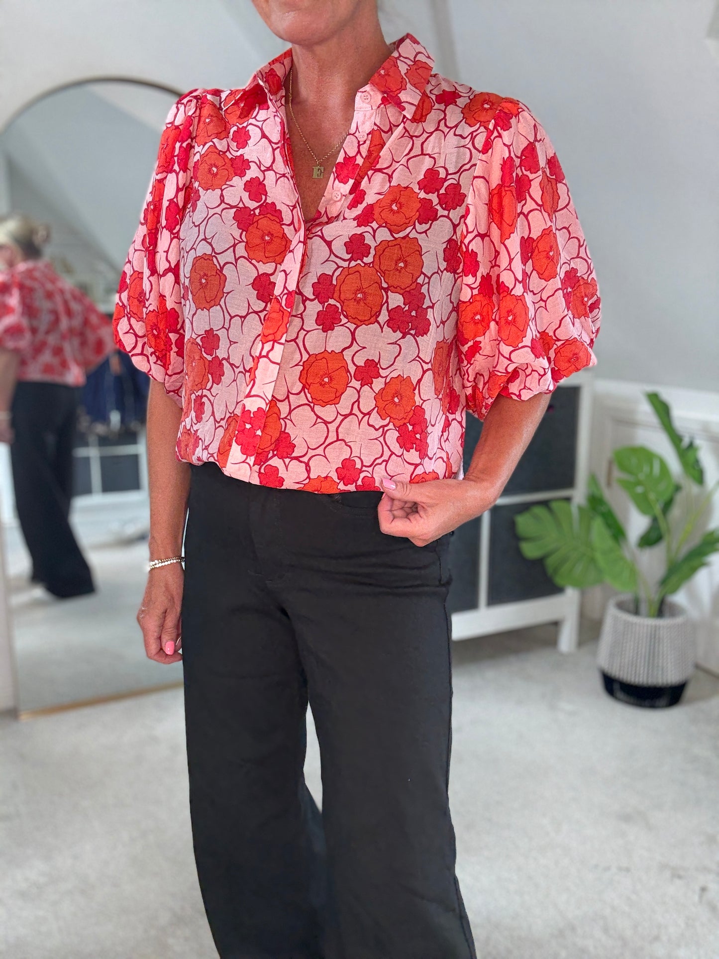 Poppy Red/Pink Floral Appliqué Blouse