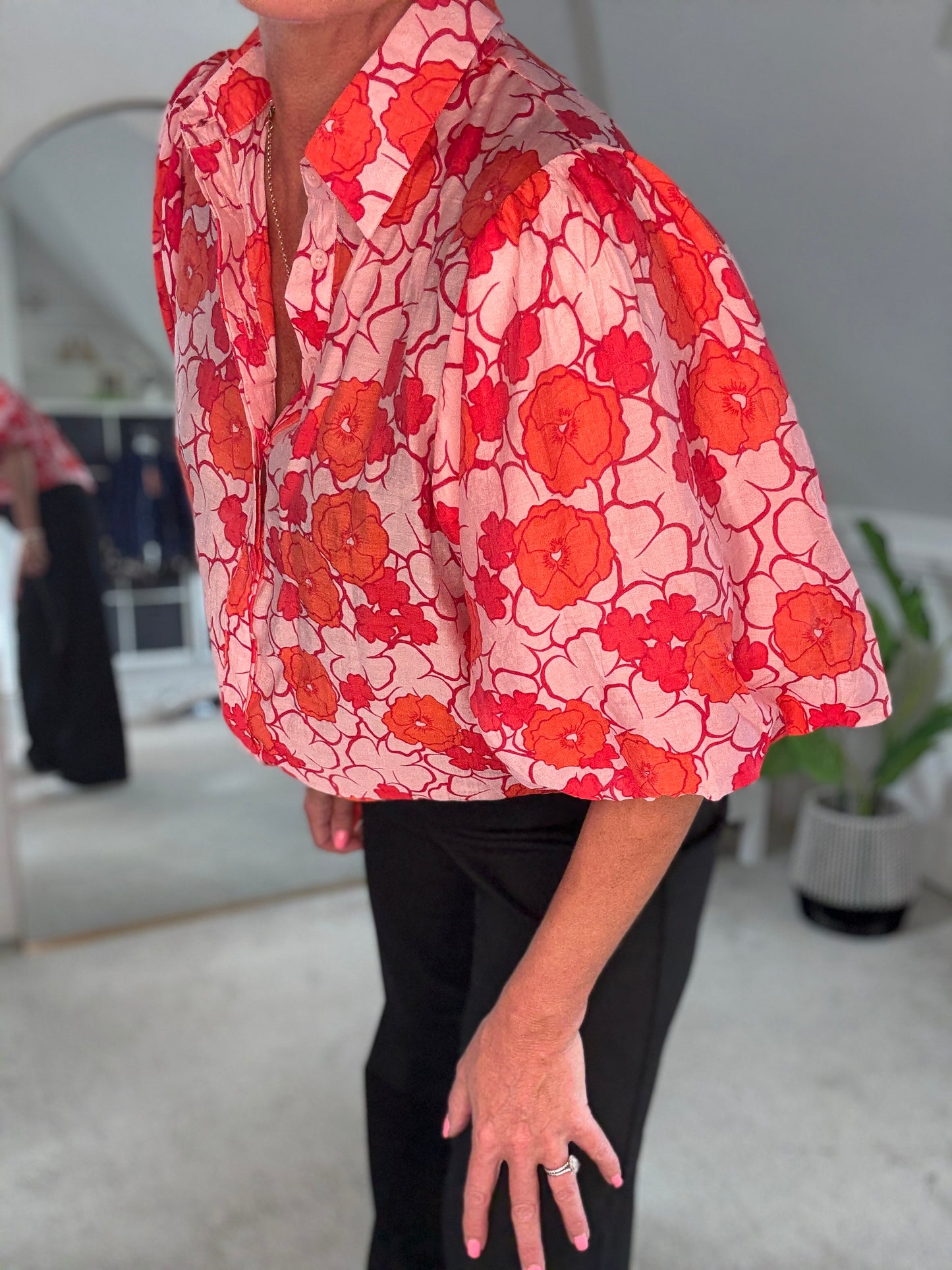 Poppy Red/Pink Floral Appliqué Blouse