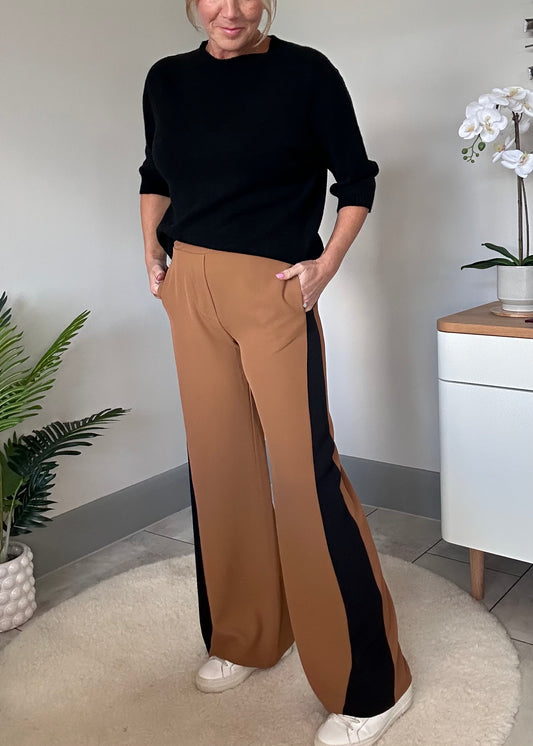 Camel/Black Stripe Wide Leg Trousers