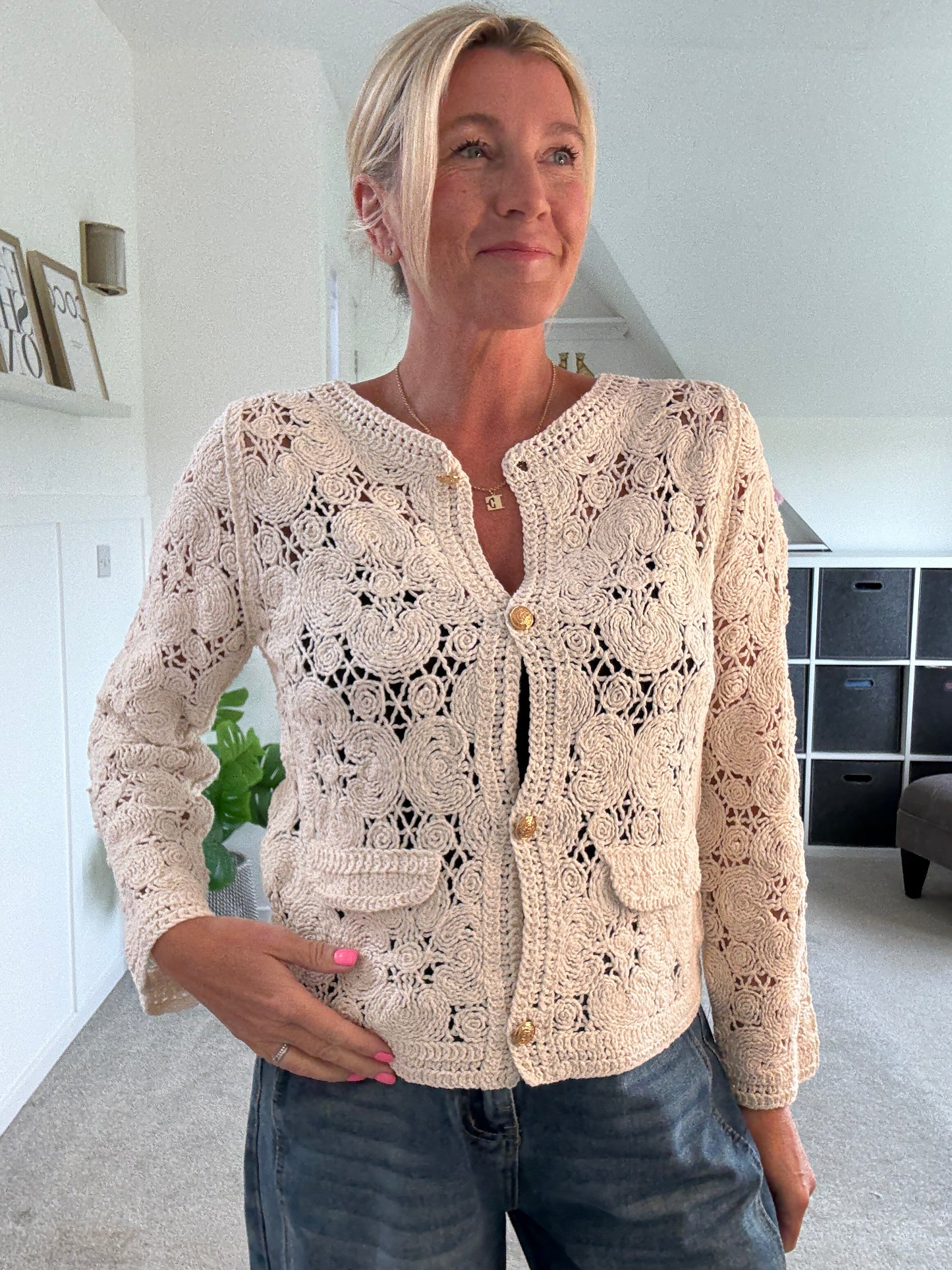 Stone Crochet Cardigan with Gold Buttons