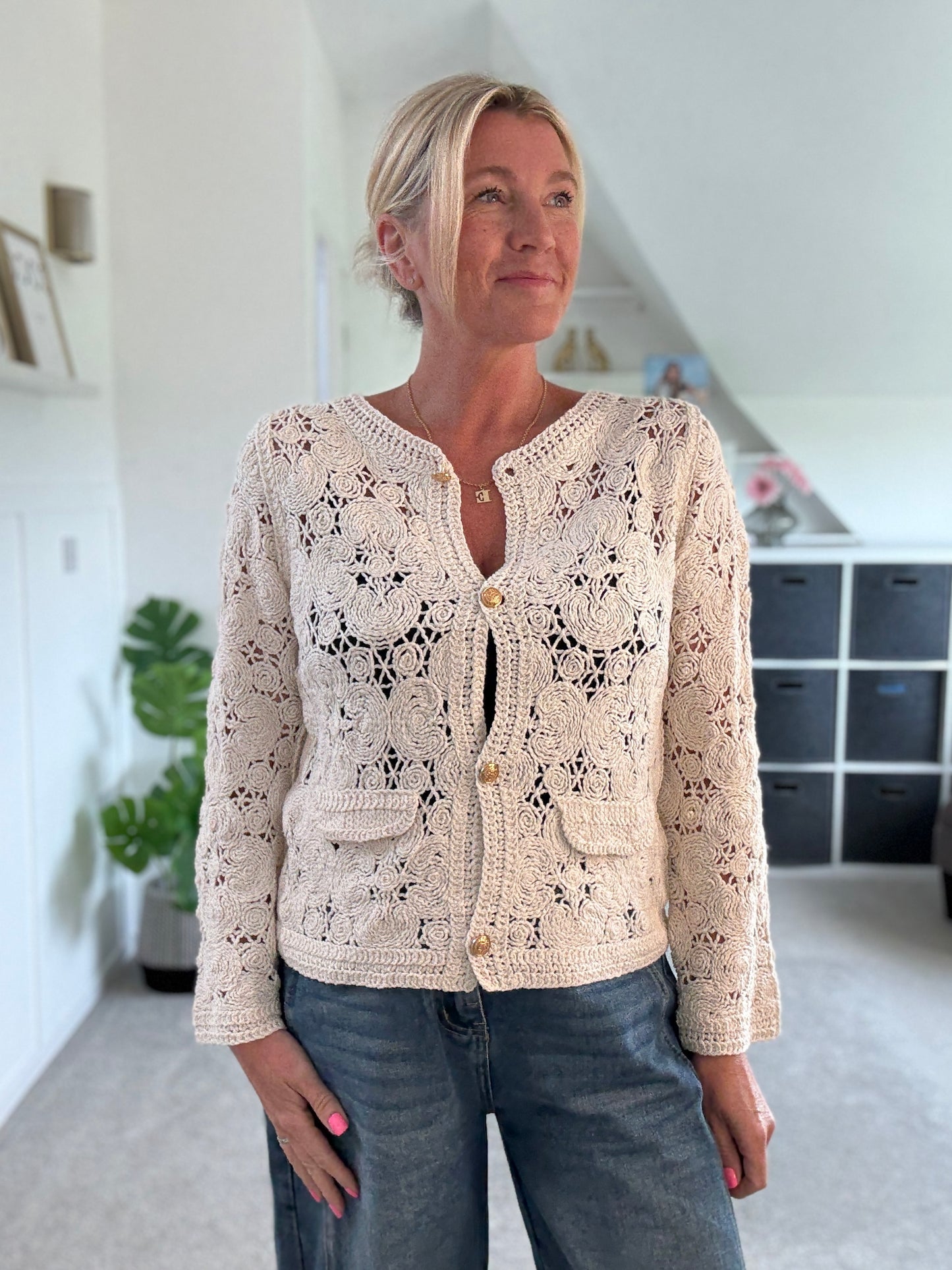 Stone Crochet Cardigan with Gold Buttons
