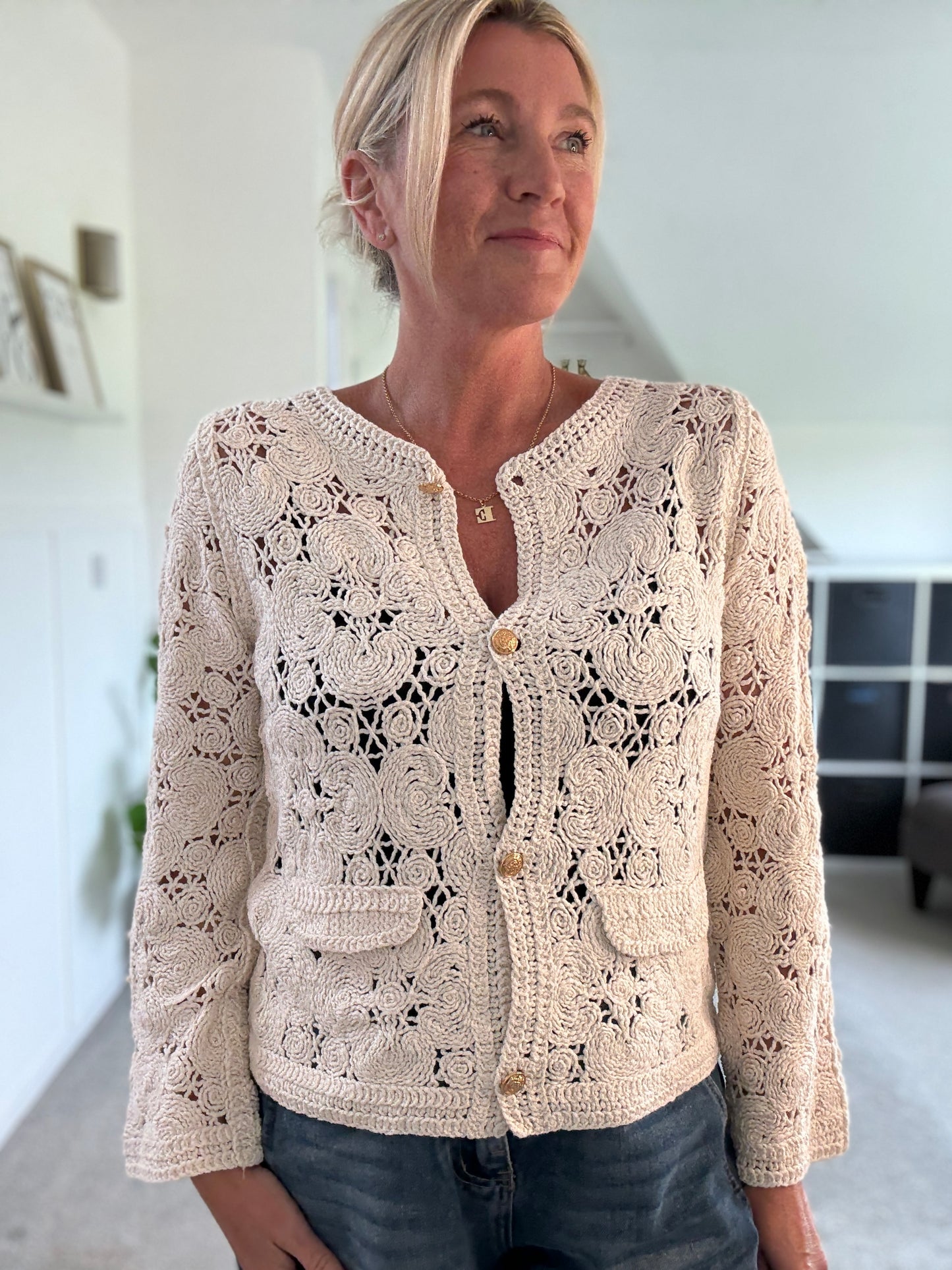 White Crochet Cardigan with Gold Buttons