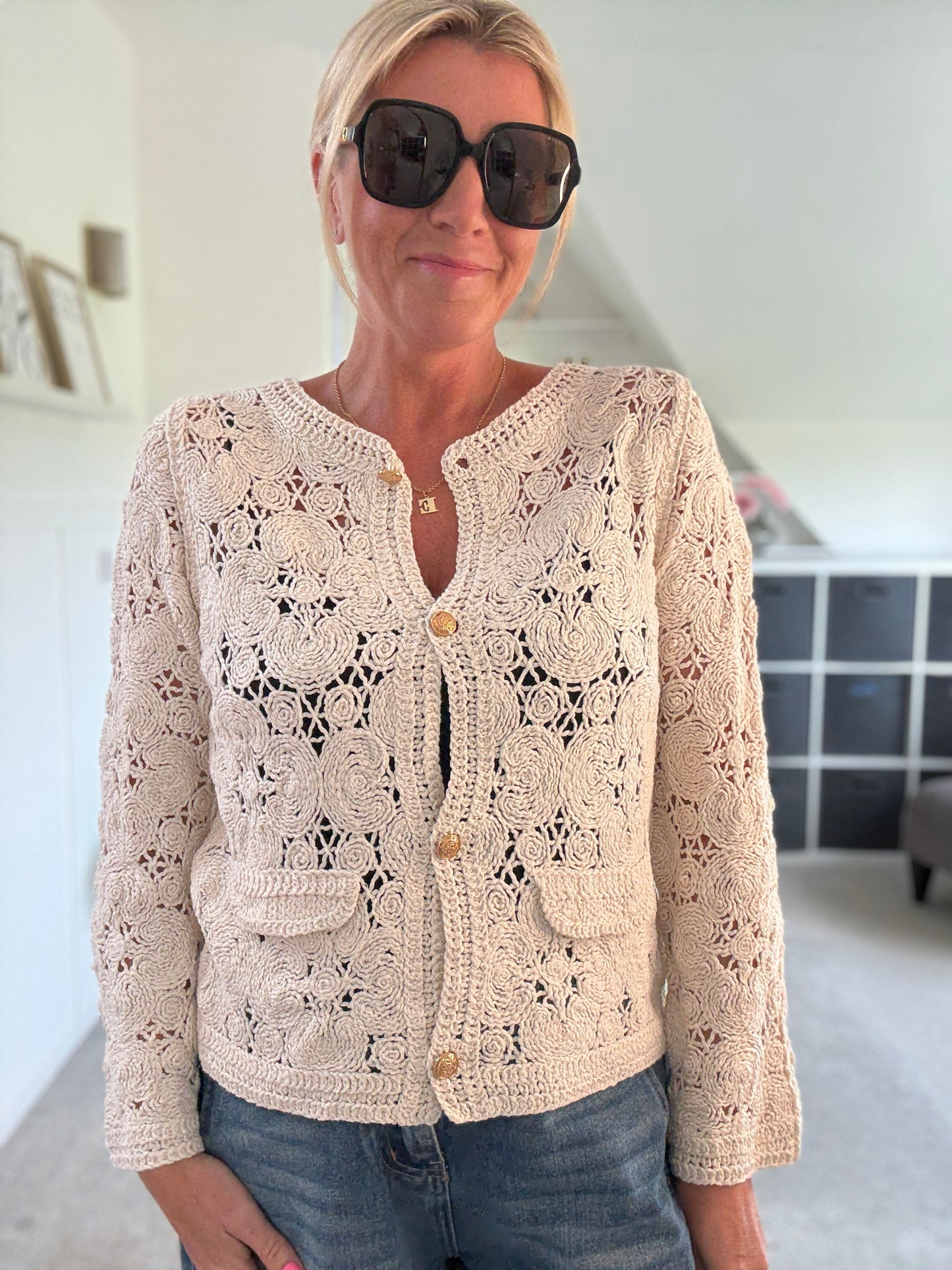 Stone Crochet Cardigan with Gold Buttons