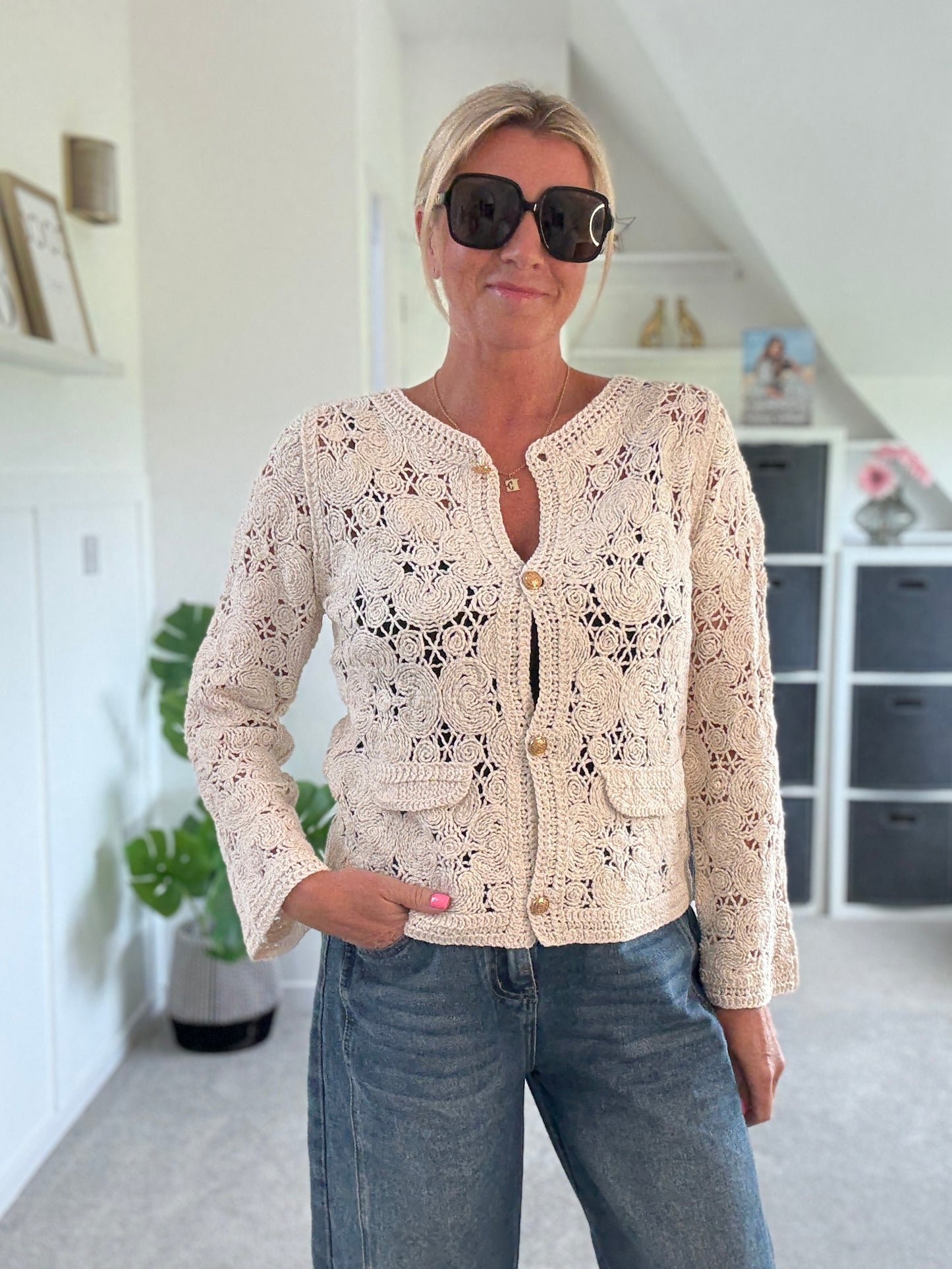 Stone Crochet Cardigan with Gold Buttons