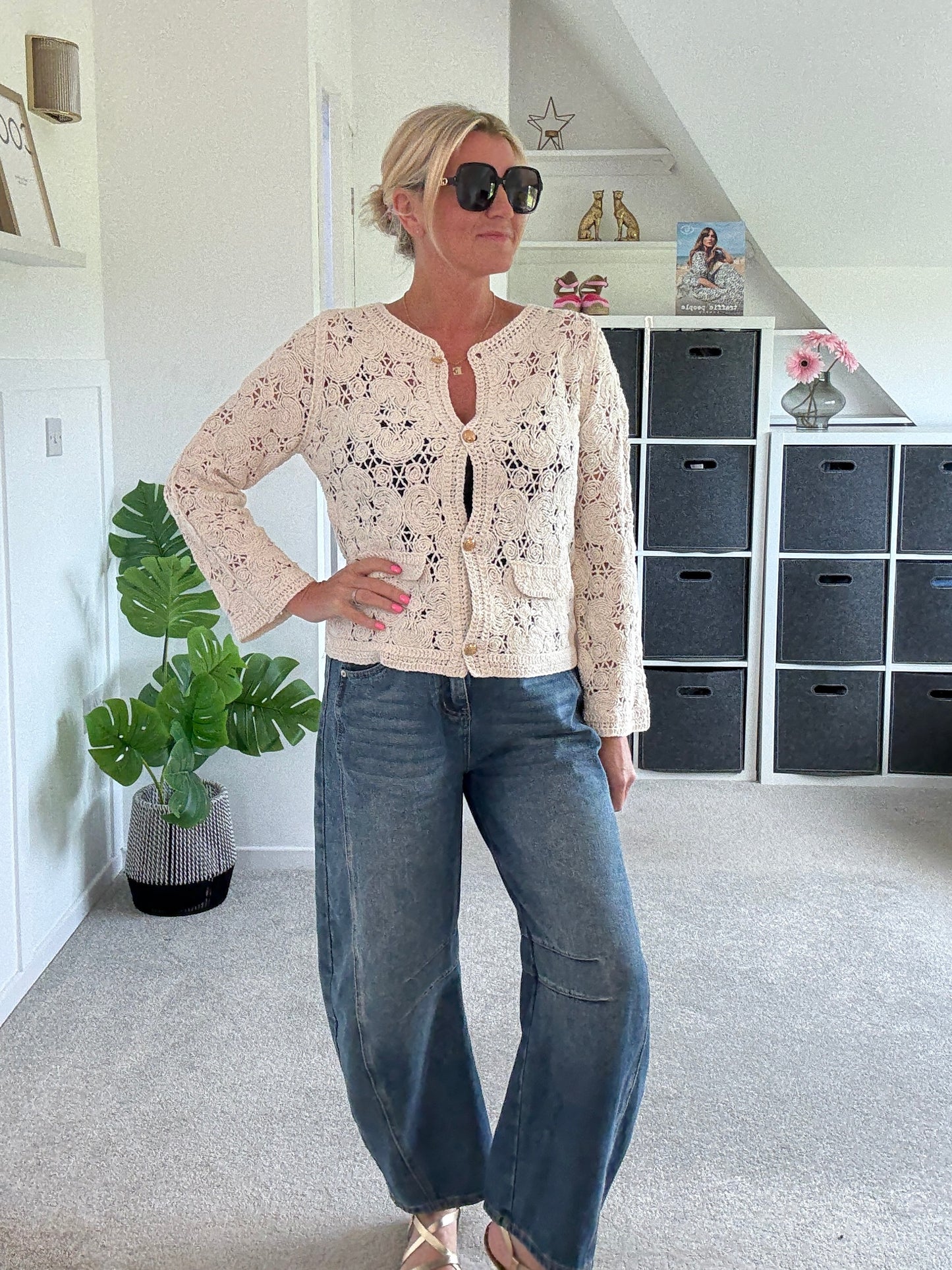 Stone Crochet Cardigan with Gold Buttons