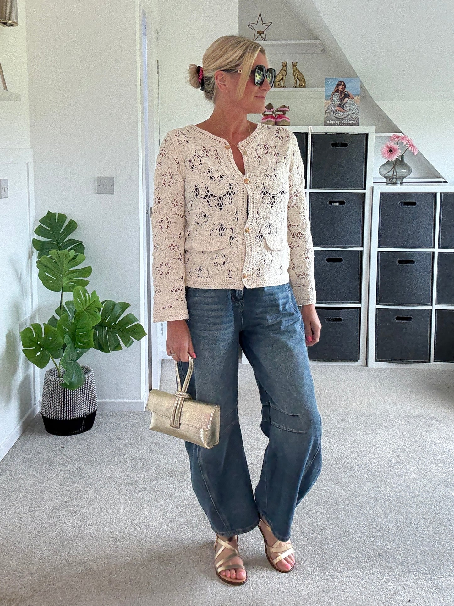 Stone Crochet Cardigan with Gold Buttons