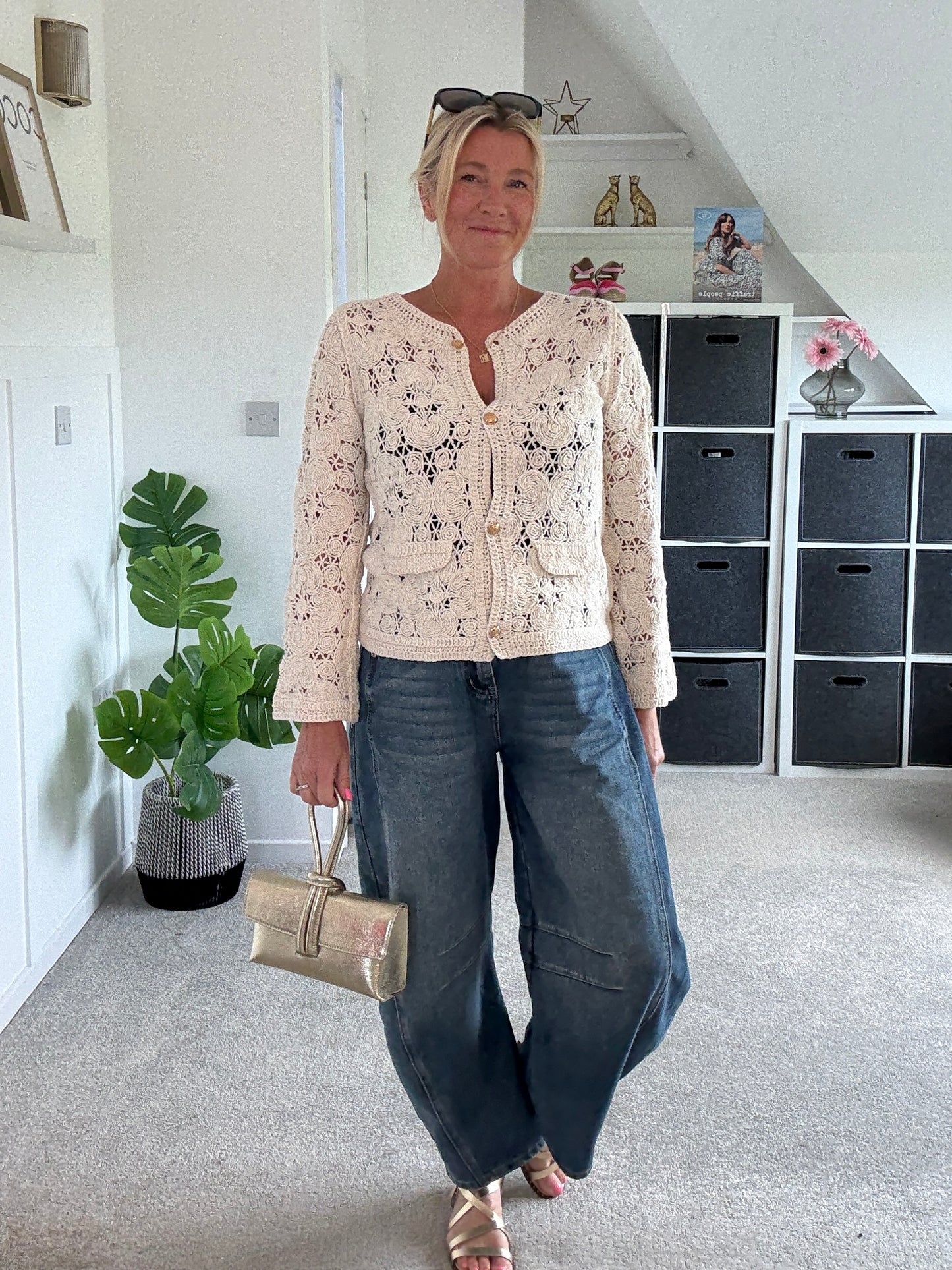 Stone Crochet Cardigan with Gold Buttons