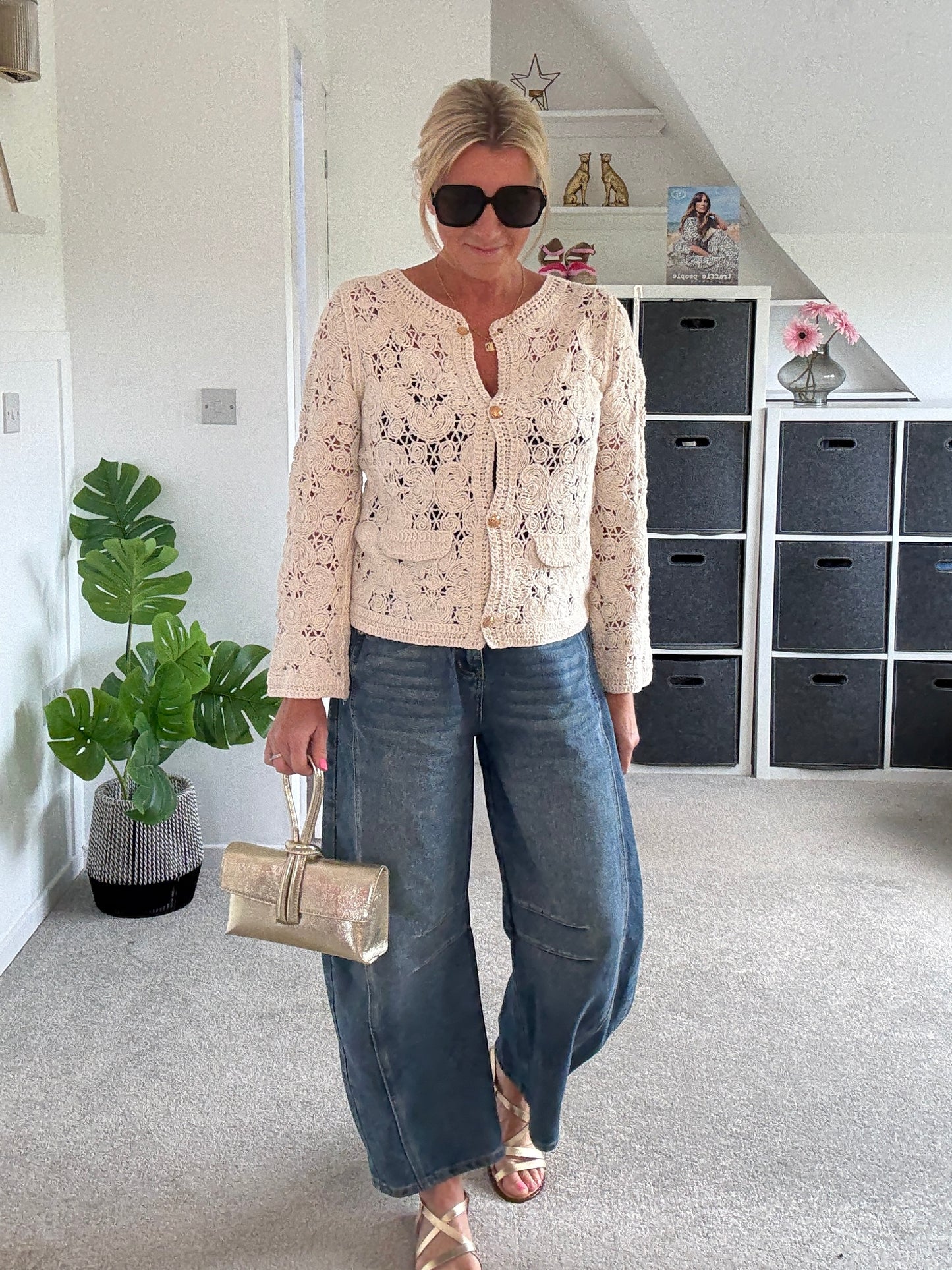 Stone Crochet Cardigan with Gold Buttons