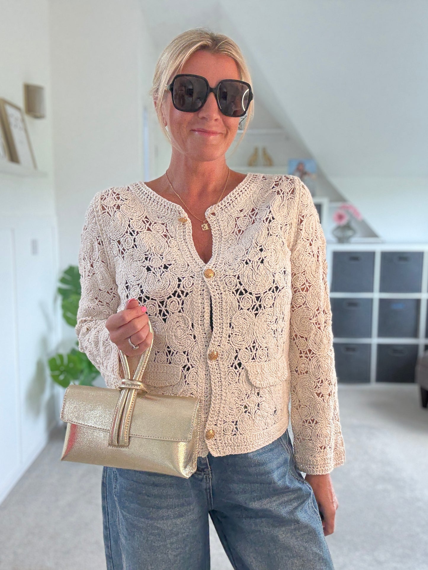 Stone Crochet Cardigan with Gold Buttons