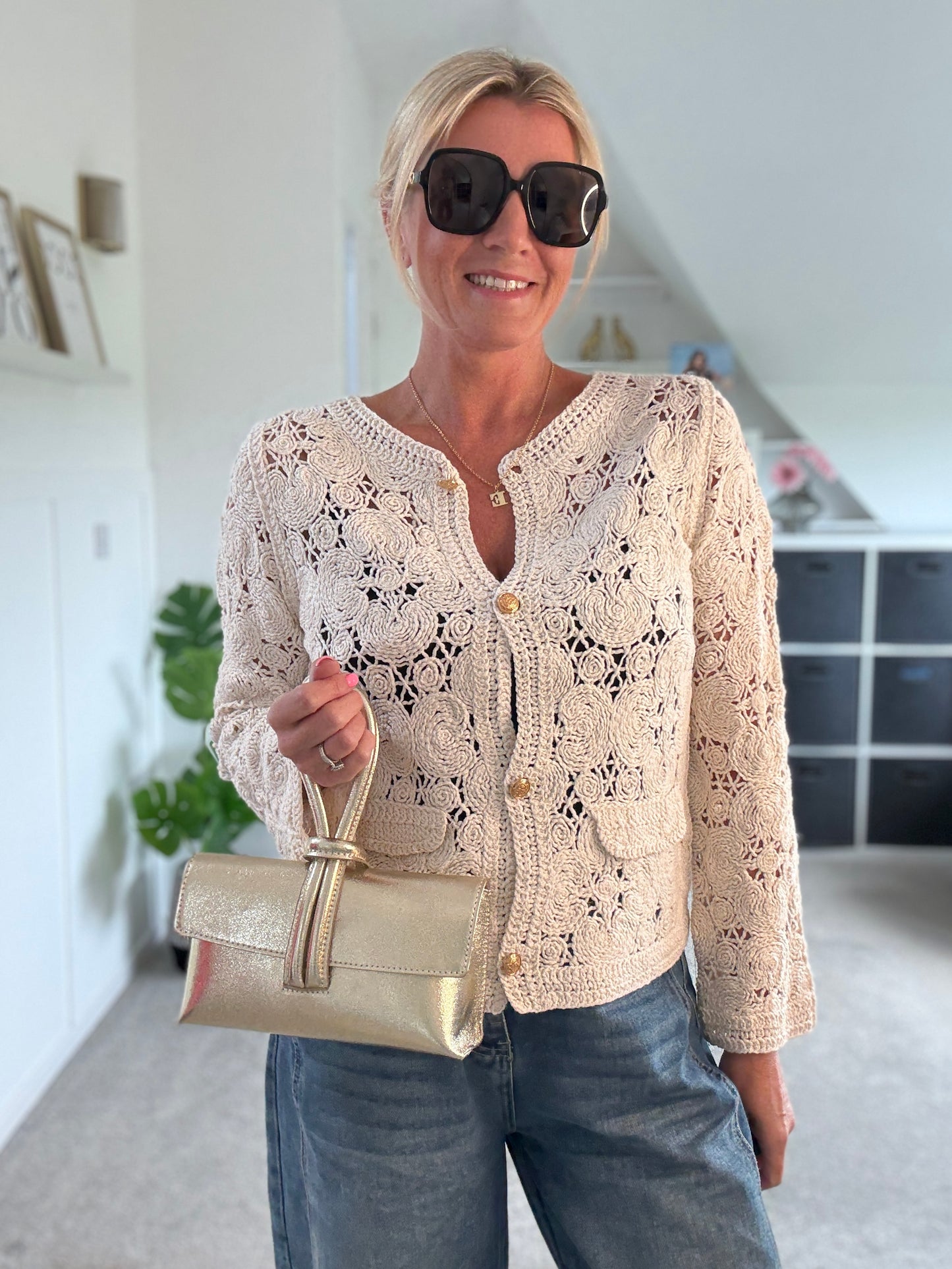 Stone Crochet Cardigan with Gold Buttons