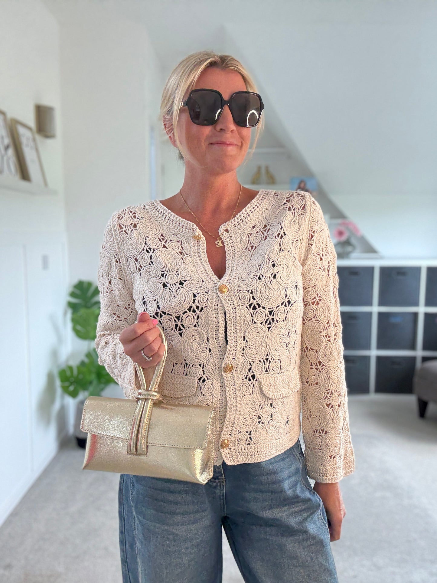 Stone Crochet Cardigan with Gold Buttons