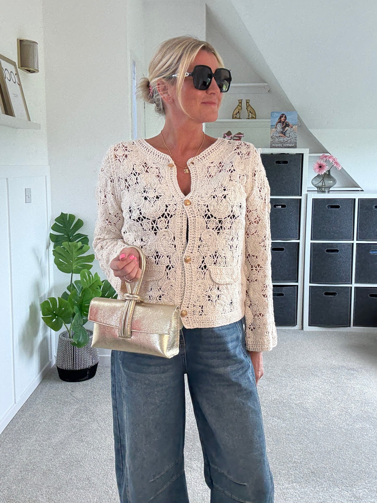 Stone Crochet Cardigan with Gold Buttons