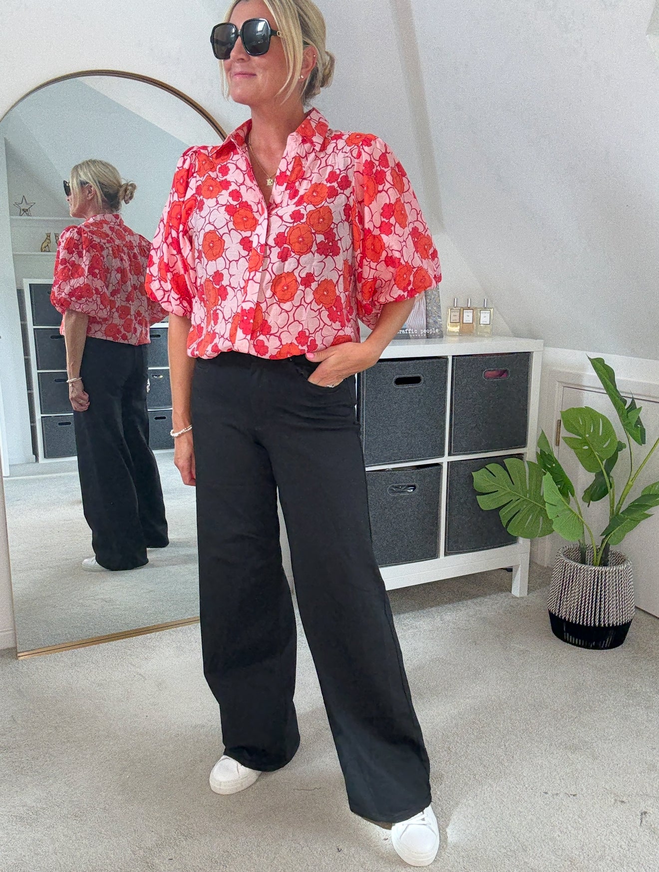 Poppy Red/Pink Floral Appliqué Blouse