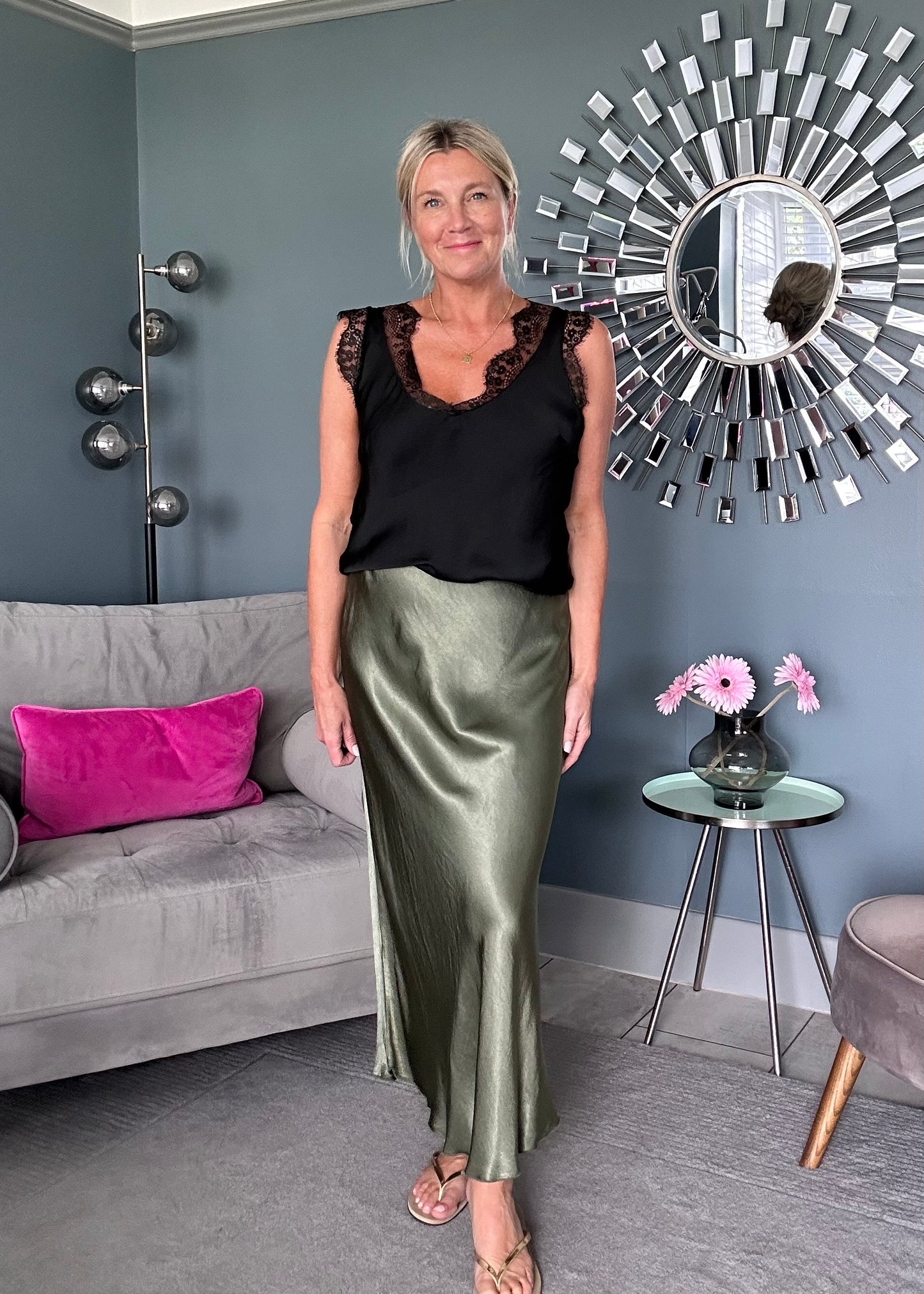 Satin/Lace V Neck Top