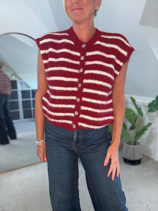 Burgundy/White Stripe Sleeveless Cardigan