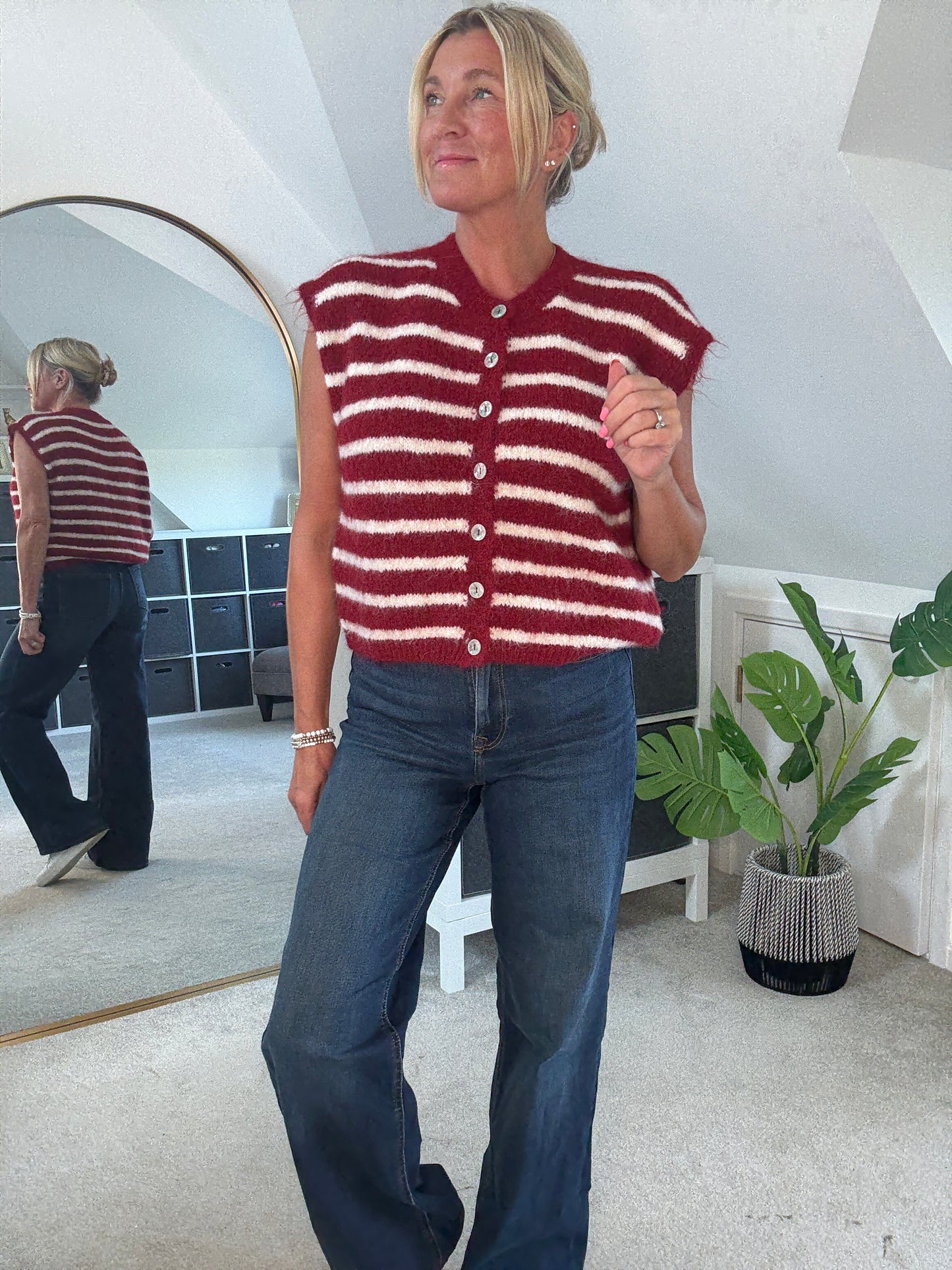 Mocha/Cream Stripe Sleeveless Cardigan
