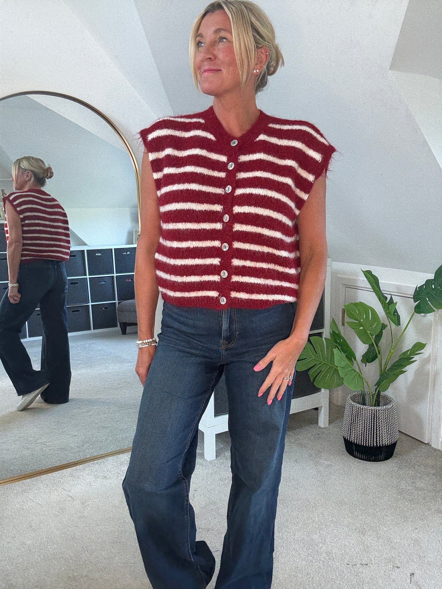 Mocha/Cream Stripe Sleeveless Cardigan