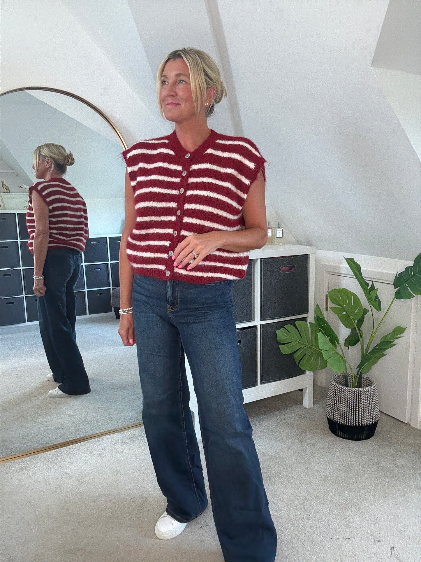 Burgundy/White Stripe Sleeveless Cardigan