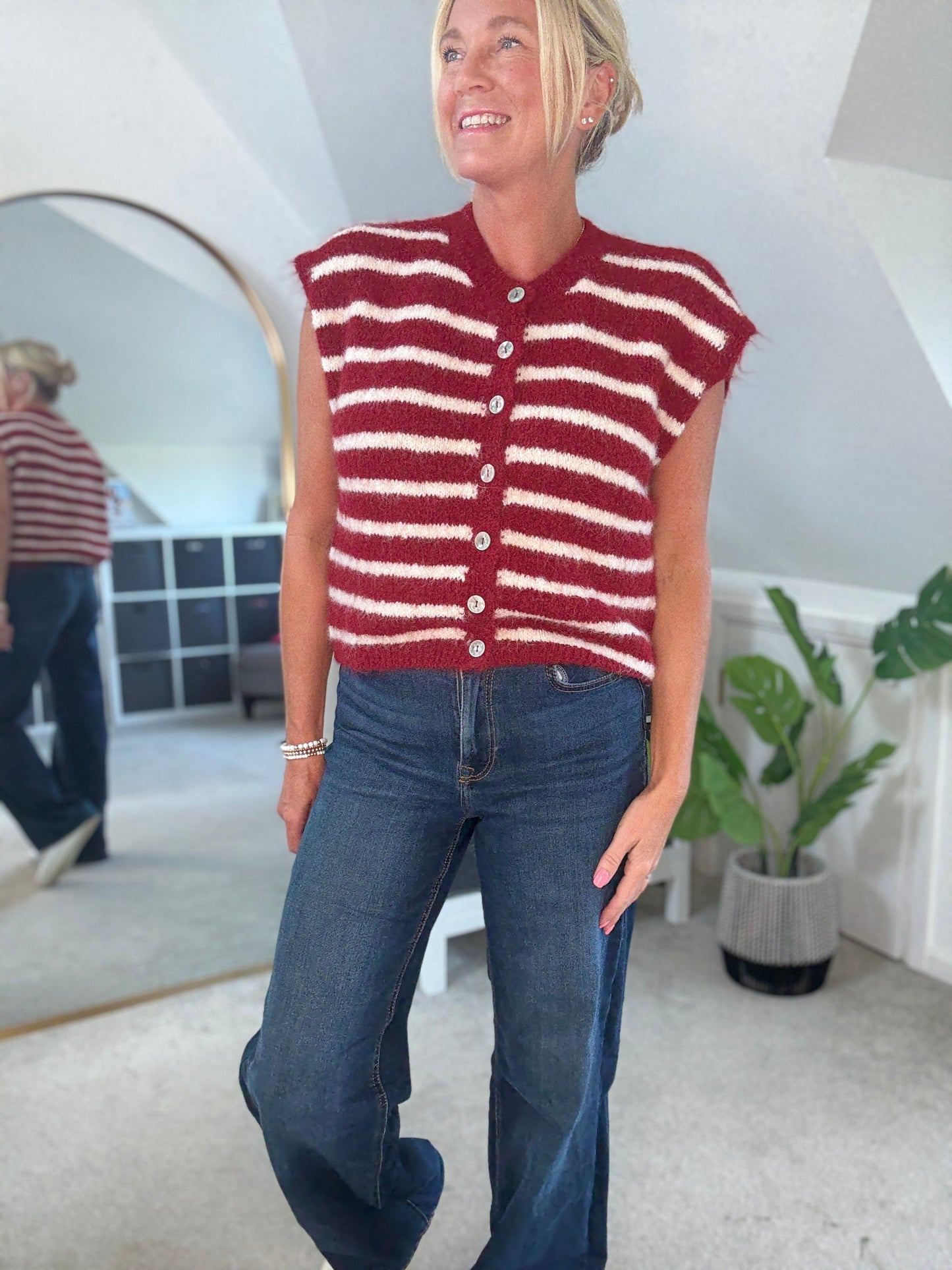 Mocha/Cream Stripe Sleeveless Cardigan