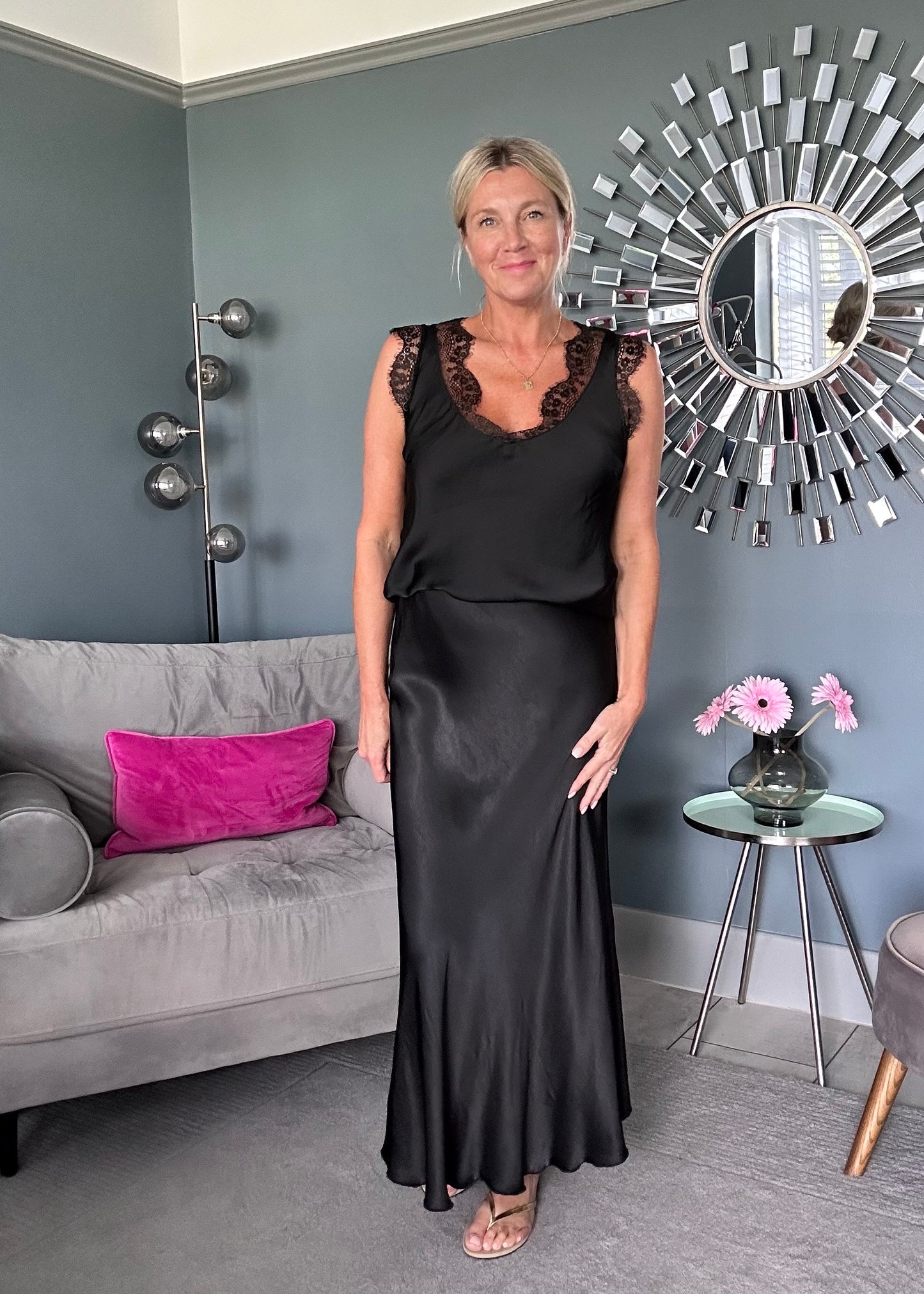 Satin/Lace V Neck Top