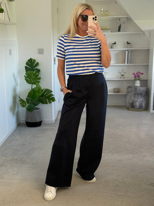 Midnight Navy Pleat Front Wide Leg Trousers