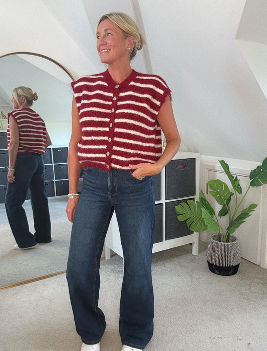 Burgundy/White Stripe Sleeveless Cardigan