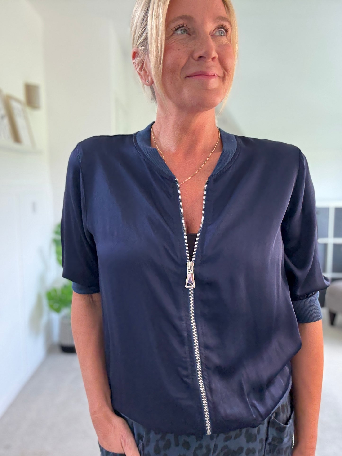 Khaki Silk Mix 1/2 Sleeve Bomber Jacket