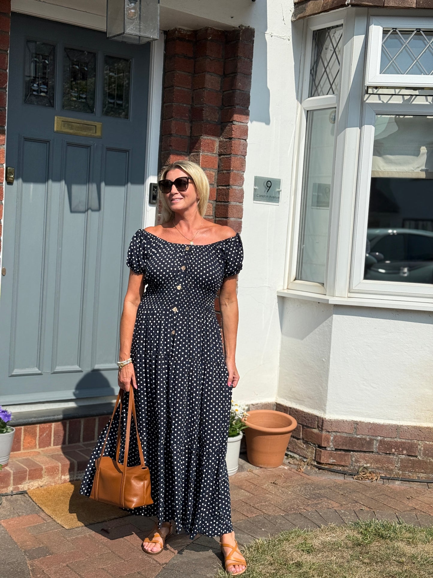 Navy Polka Dot Bardot Maxi Dress - Pre Order