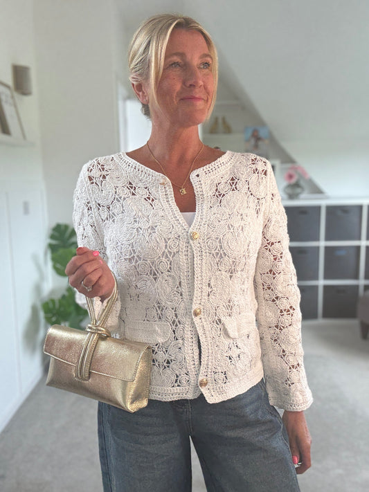 White Crochet Cardigan with Gold Buttons