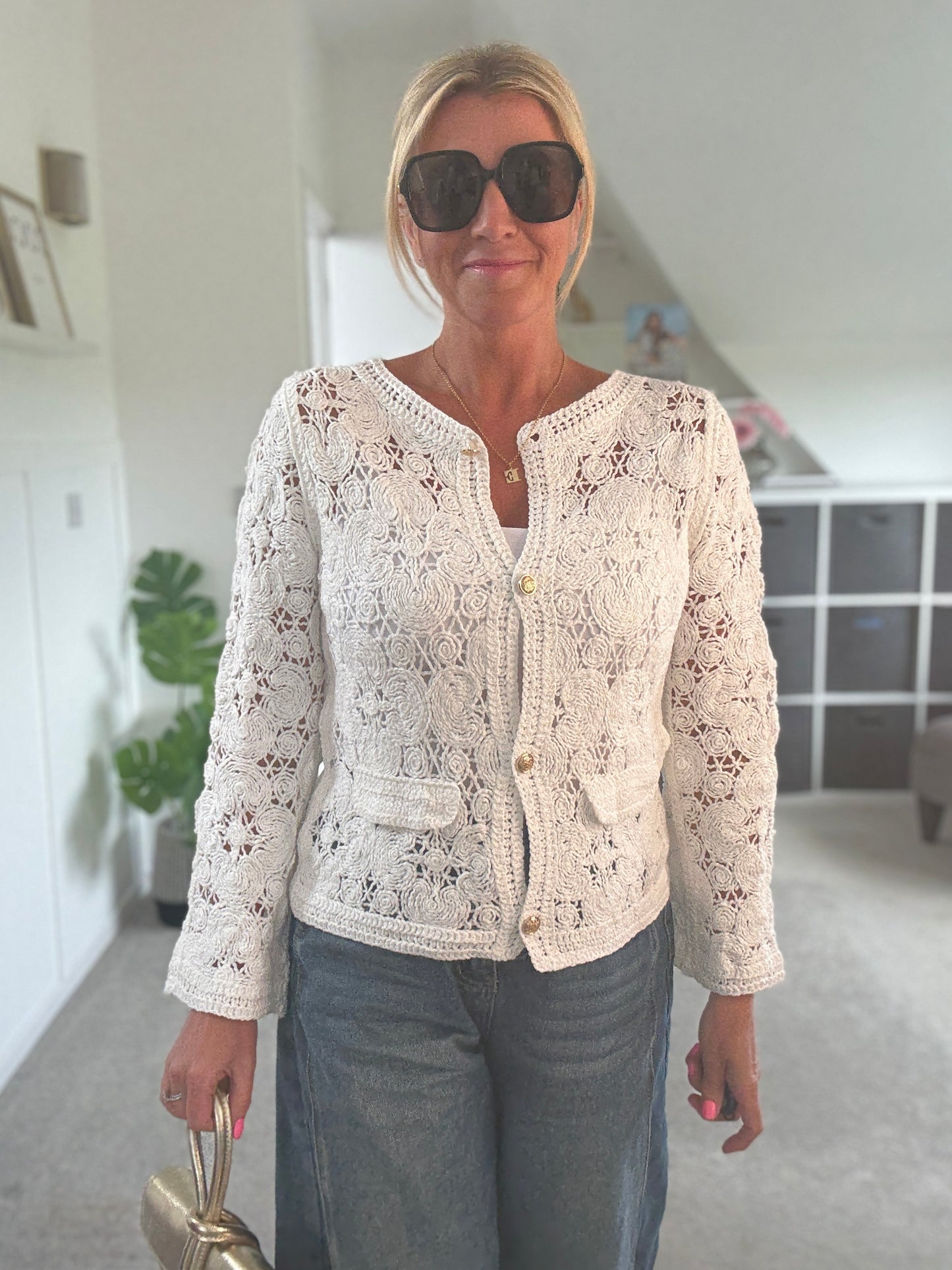 White Crochet Cardigan with Gold Buttons
