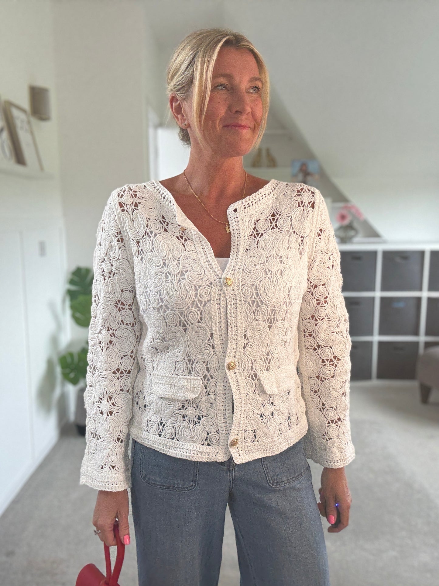 White Crochet Cardigan with Gold Buttons