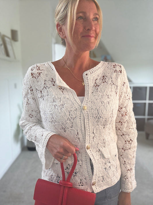 White Crochet Cardigan with Gold Buttons