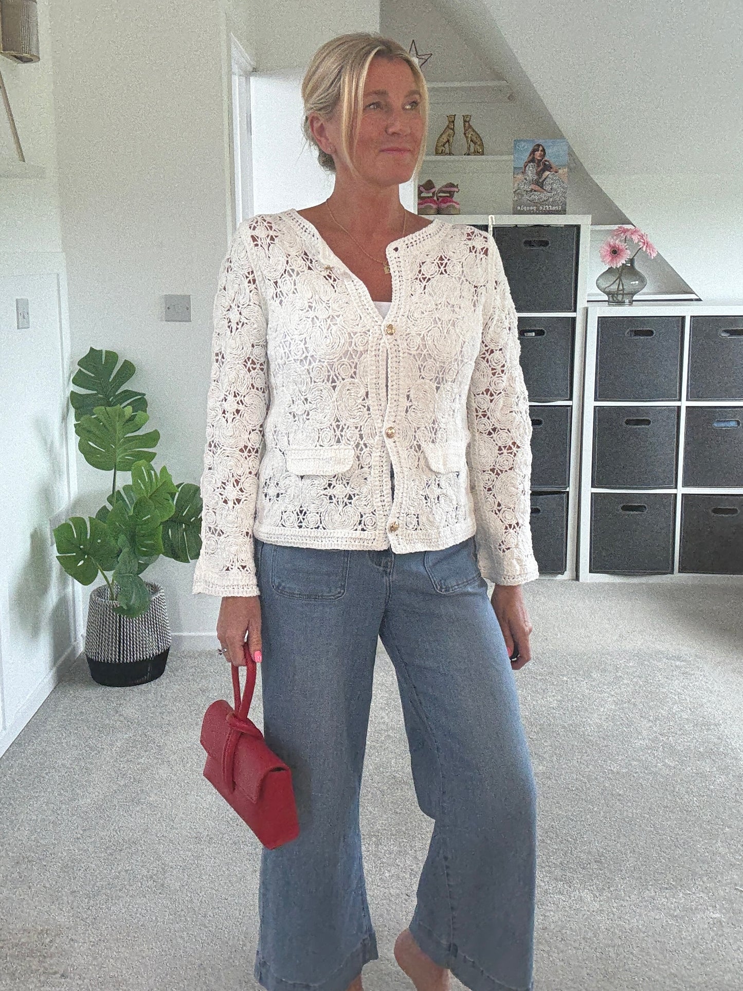 White Crochet Cardigan with Gold Buttons