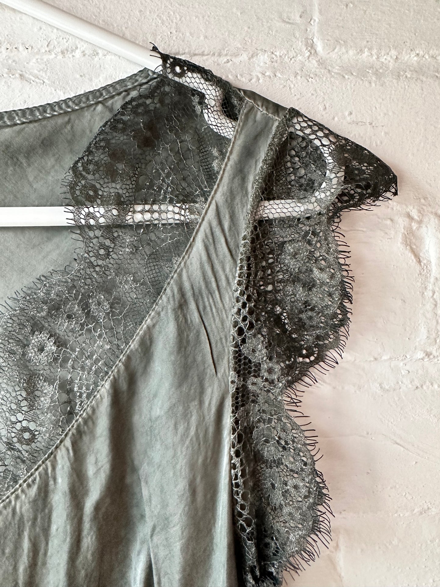 Khaki Satin/Lace V Neck Top