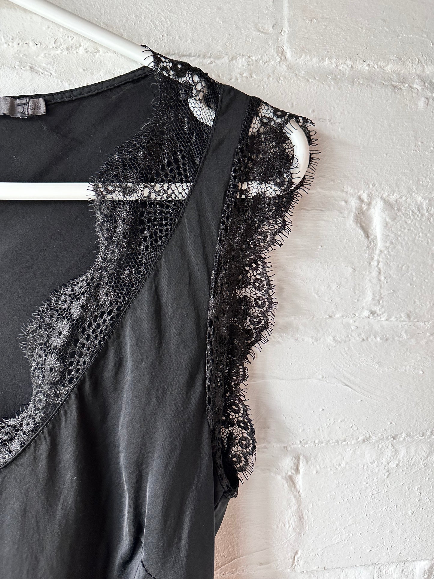 Khaki Satin/Lace V Neck Top