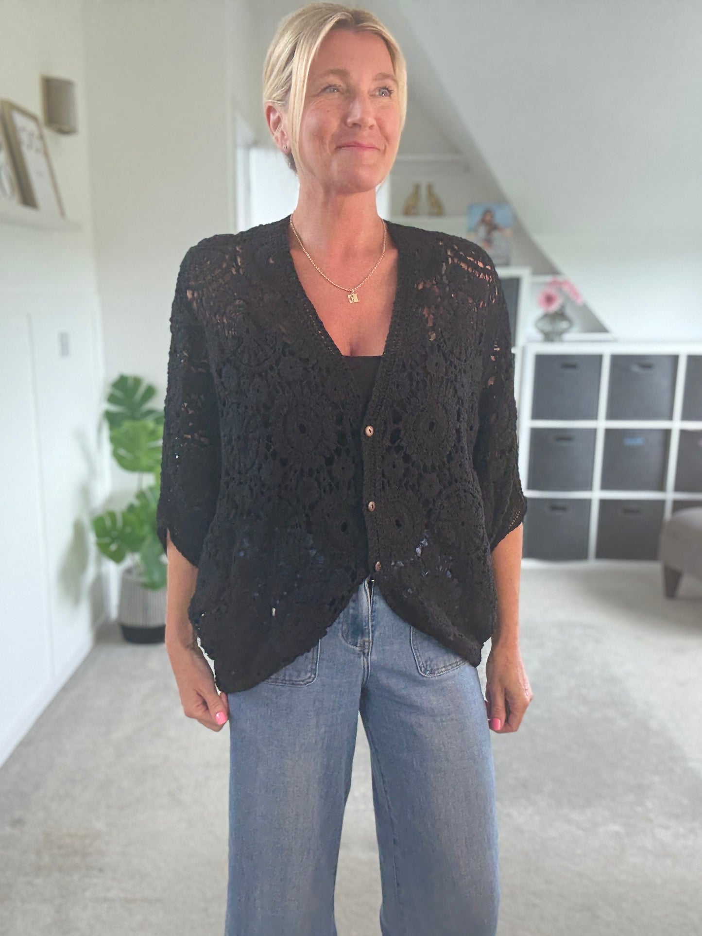 Black Crochet Batwing Cardigan