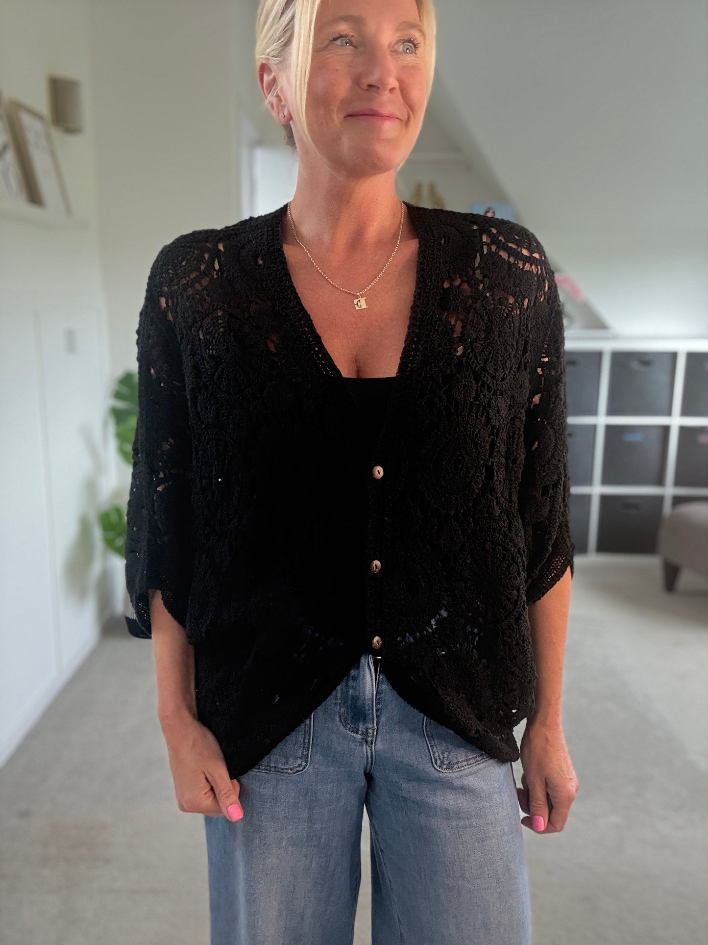 Black Crochet Batwing Cardigan
