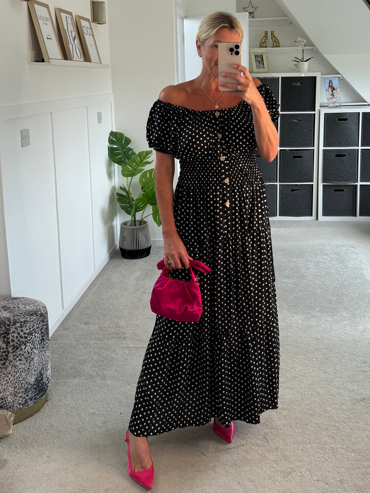 Black Polka Dot Bardot Maxi Dress - PRE ORDER