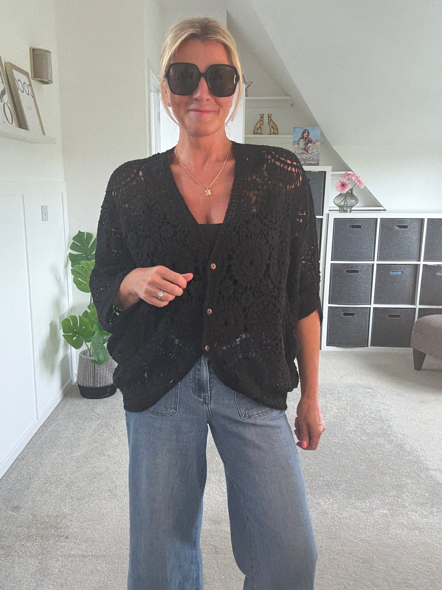 Black Crochet Batwing Cardigan
