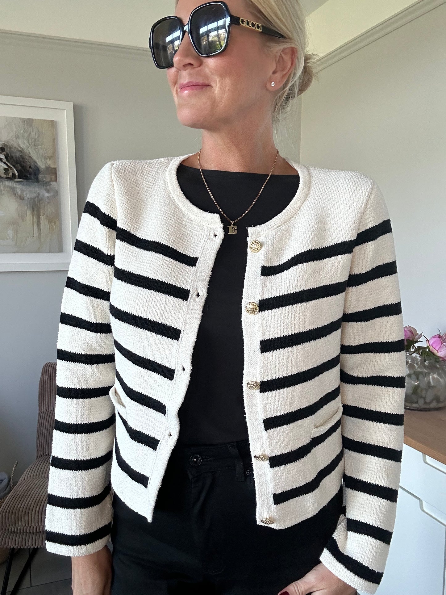Laura Cream/Black Breton Stripe Cardigan
