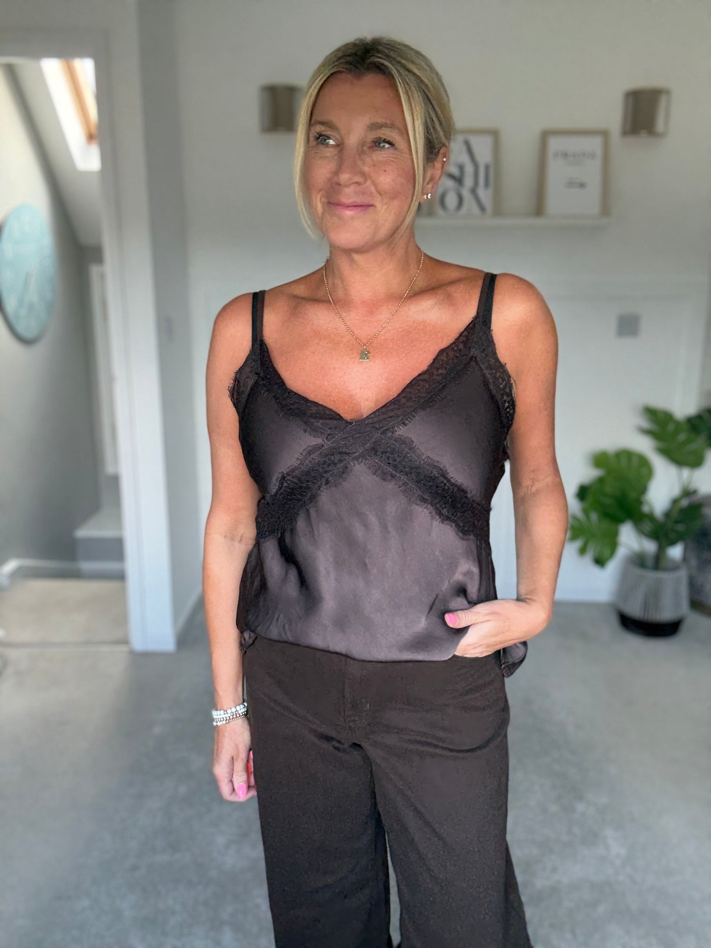 Chocolate Lace Satin Cami Top