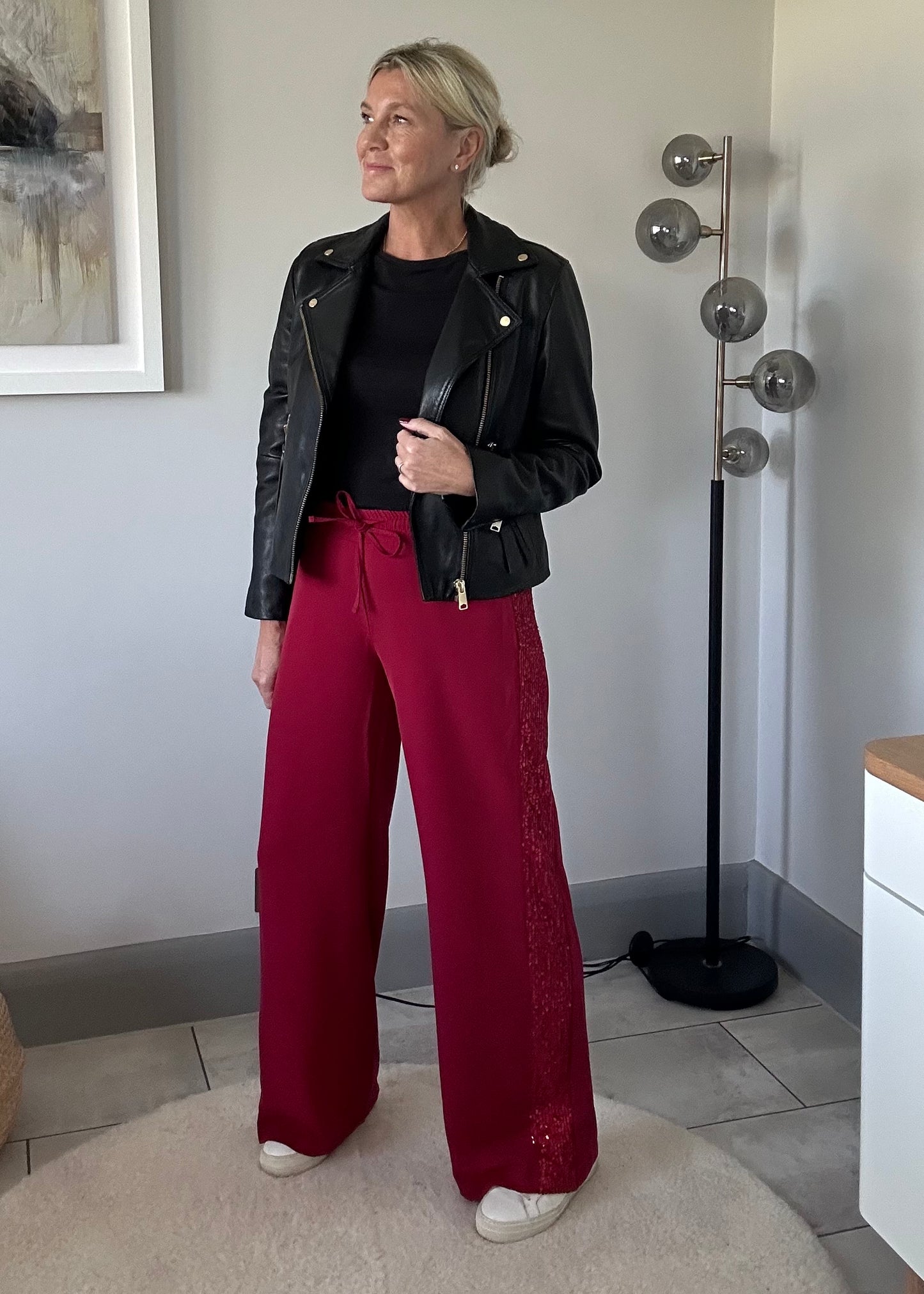 Berry Luxe Sequin Stripe Wide Leg Trousers